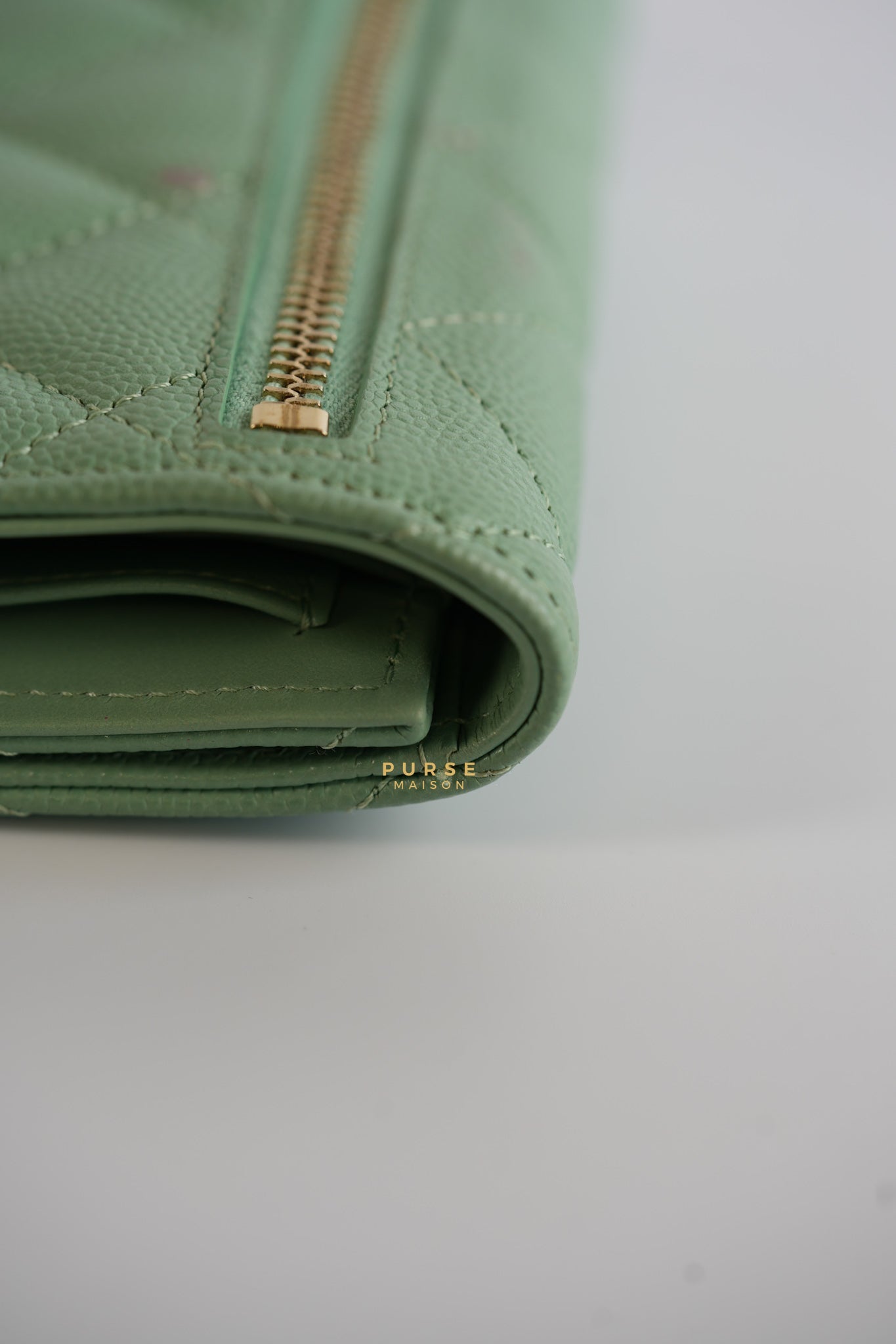 Classic Compact Trifold Wallet in Pastel Green Caviar & Light Gold Hardware (Microchip) | Purse Maison Luxury Bags Shop