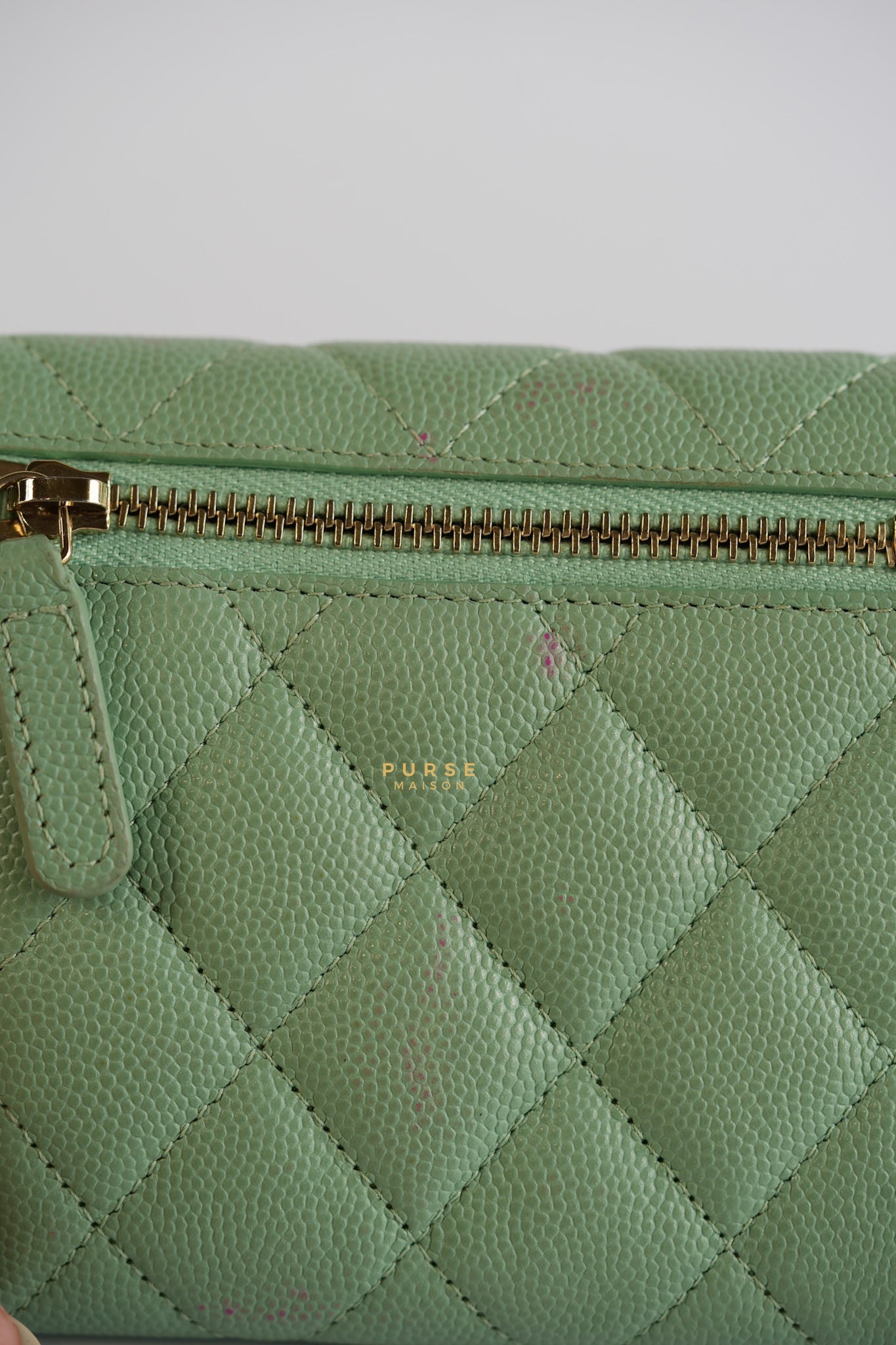 Classic Compact Trifold Wallet in Pastel Green Caviar & Light Gold Hardware (Microchip) | Purse Maison Luxury Bags Shop