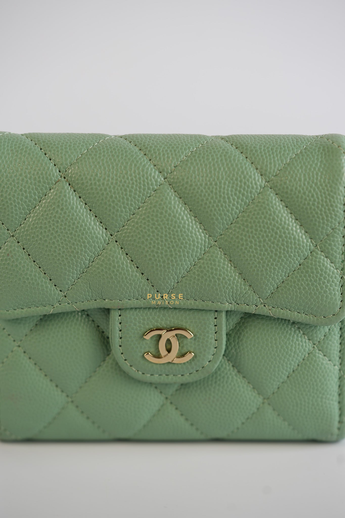 Classic Compact Trifold Wallet in Pastel Green Caviar & Light Gold Hardware (Microchip) | Purse Maison Luxury Bags Shop