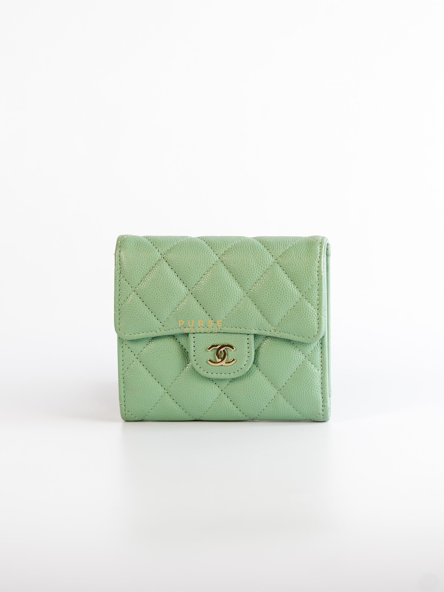 Classic Compact Trifold Wallet in Pastel Green Caviar & Light Gold Hardware (Microchip) | Purse Maison Luxury Bags Shop