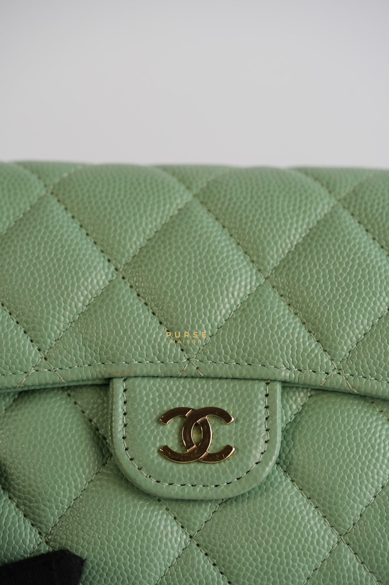 Classic Compact Trifold Wallet in Pastel Green Caviar & Light Gold Hardware (Microchip) | Purse Maison Luxury Bags Shop