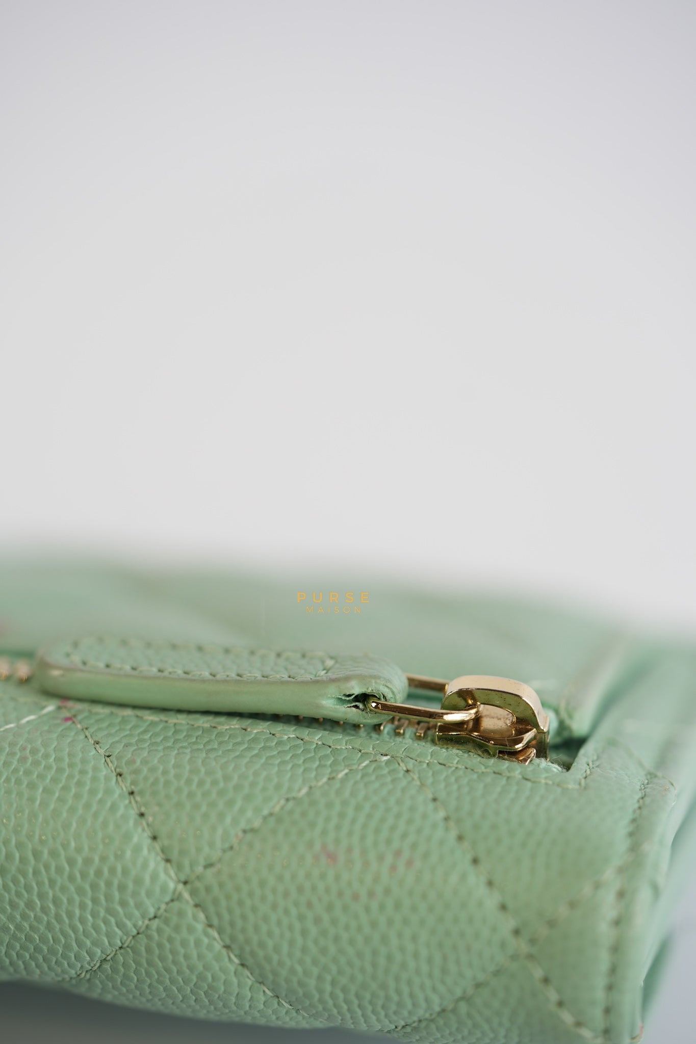 Classic Compact Trifold Wallet in Pastel Green Caviar & Light Gold Hardware (Microchip) | Purse Maison Luxury Bags Shop