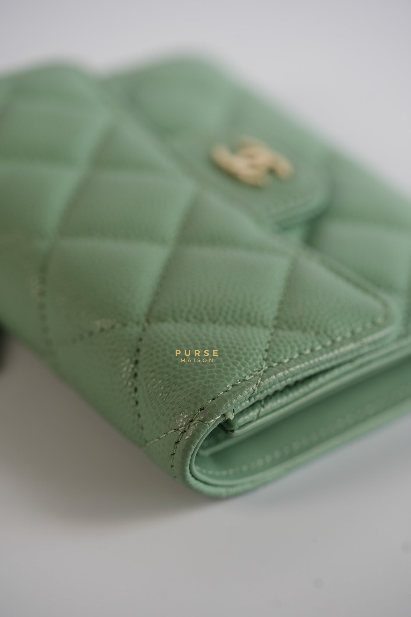 Classic Compact Trifold Wallet in Pastel Green Caviar & Light Gold Hardware (Microchip) | Purse Maison Luxury Bags Shop