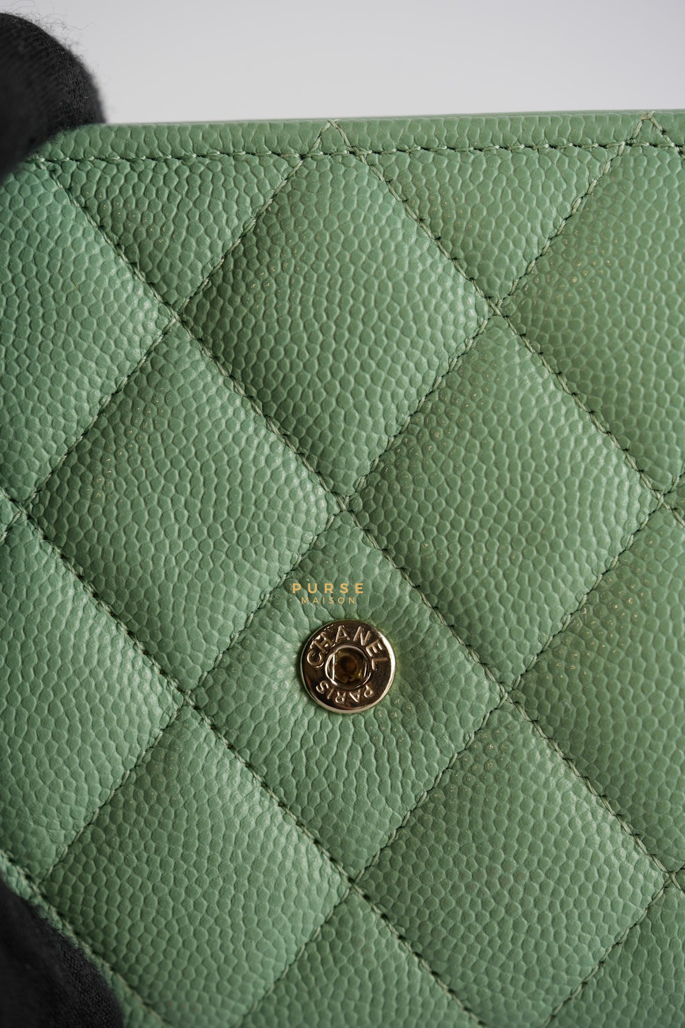 Classic Compact Trifold Wallet in Pastel Green Caviar & Light Gold Hardware (Microchip) | Purse Maison Luxury Bags Shop