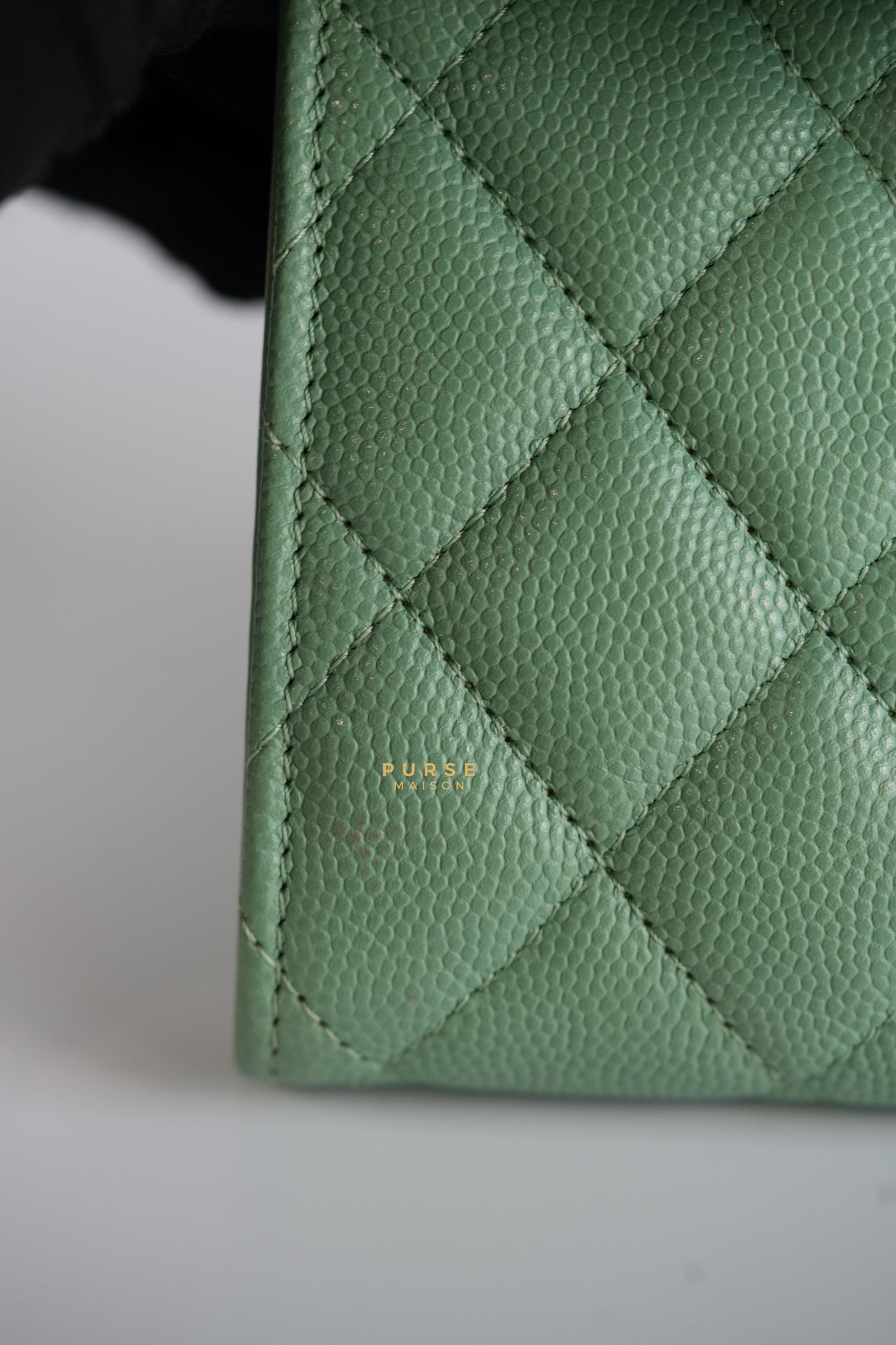 Classic Compact Trifold Wallet in Pastel Green Caviar & Light Gold Hardware (Microchip) | Purse Maison Luxury Bags Shop