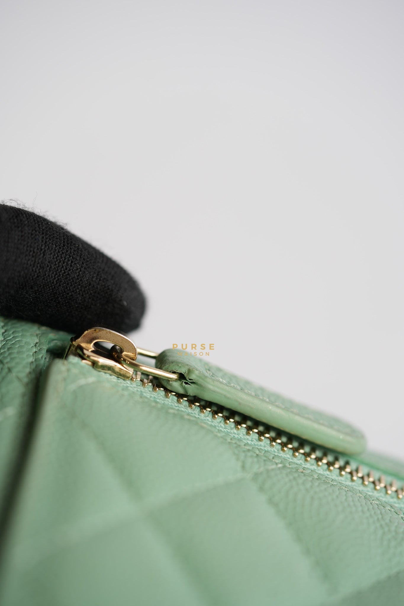 Classic Compact Trifold Wallet in Pastel Green Caviar & Light Gold Hardware (Microchip) | Purse Maison Luxury Bags Shop