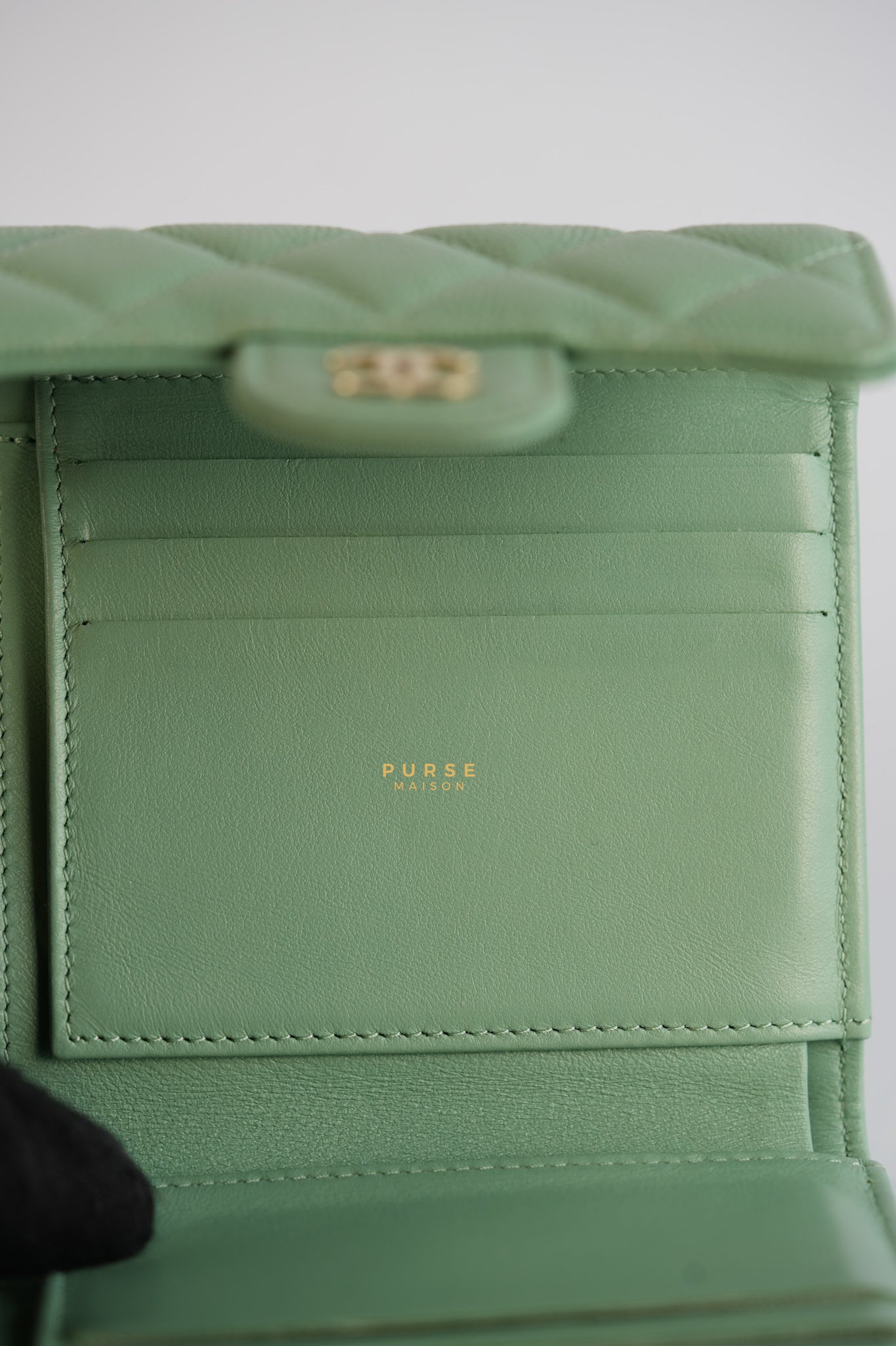 Classic Compact Trifold Wallet in Pastel Green Caviar & Light Gold Hardware (Microchip) | Purse Maison Luxury Bags Shop