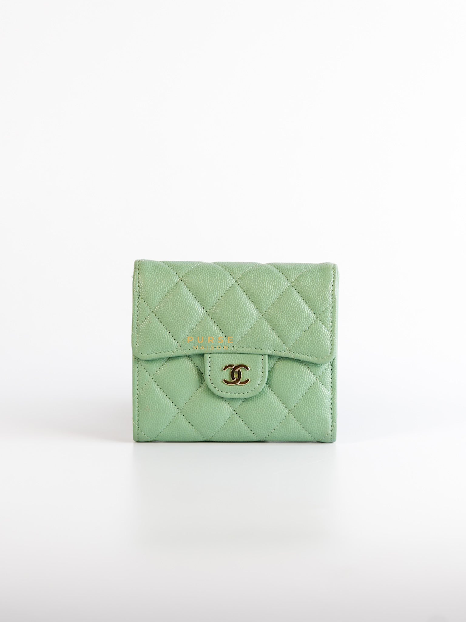 Classic Compact Trifold Wallet in Pastel Green Caviar & Light Gold Hardware (Microchip) | Purse Maison Luxury Bags Shop