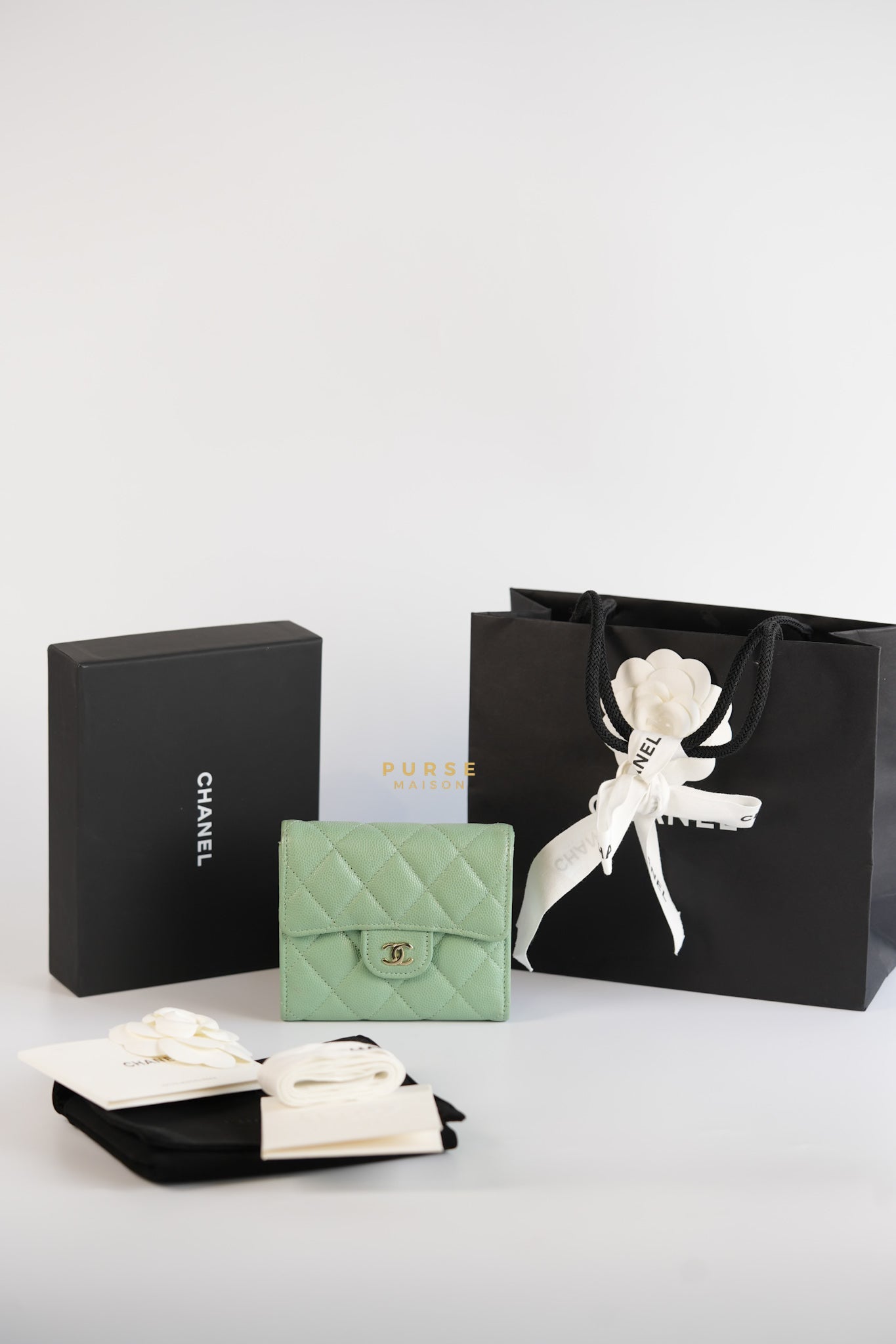 Classic Compact Trifold Wallet in Pastel Green Caviar & Light Gold Hardware (Microchip) | Purse Maison Luxury Bags Shop