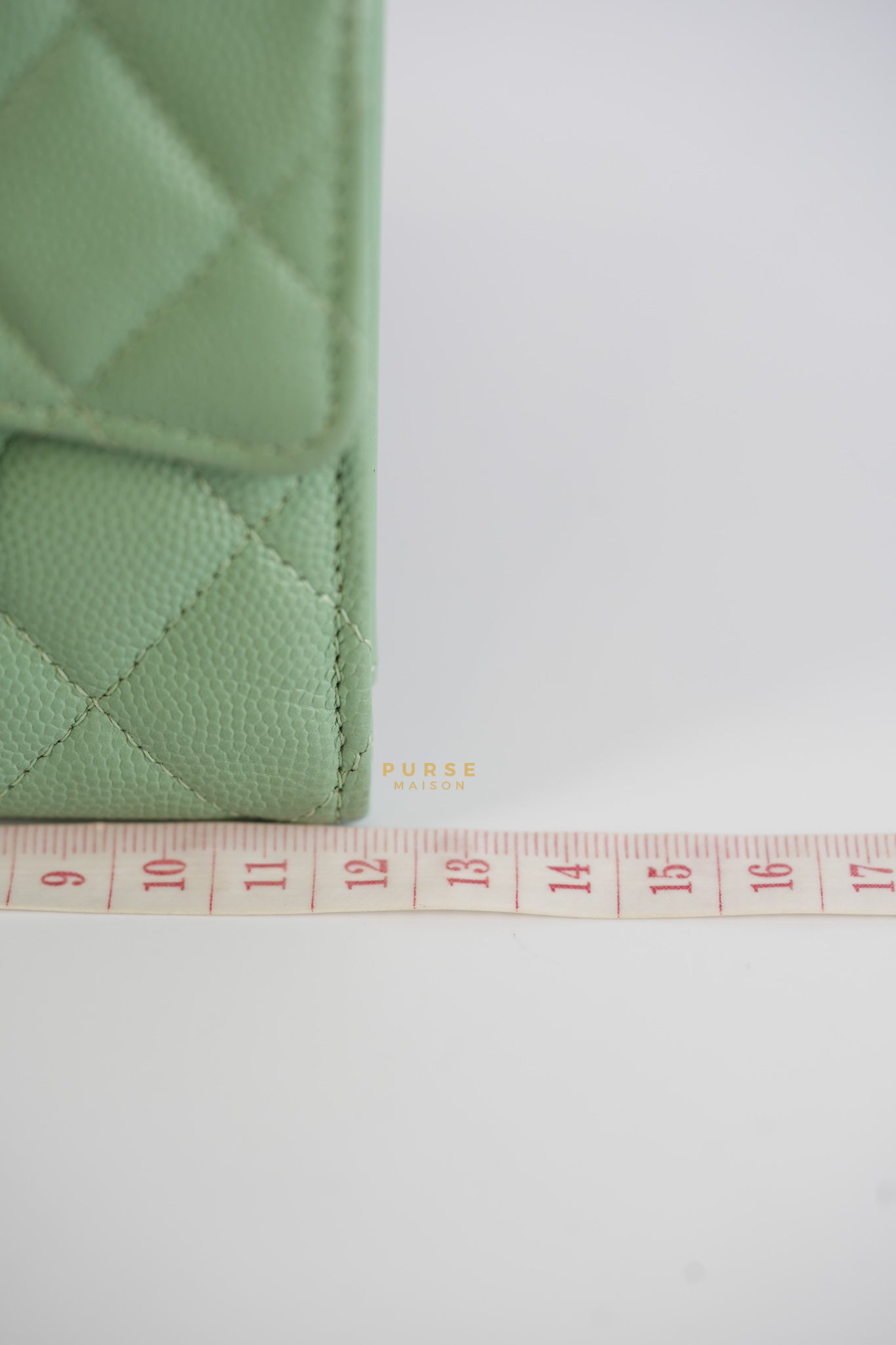 Classic Compact Trifold Wallet in Pastel Green Caviar & Light Gold Hardware (Microchip) | Purse Maison Luxury Bags Shop