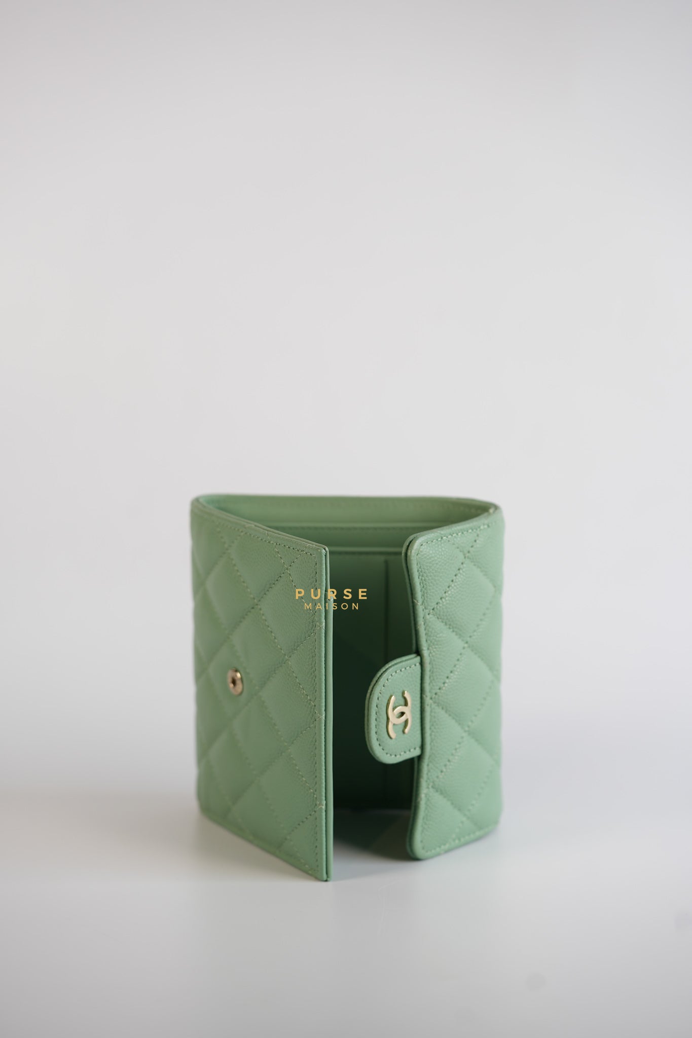 Classic Compact Trifold Wallet in Pastel Green Caviar & Light Gold Hardware (Microchip) | Purse Maison Luxury Bags Shop