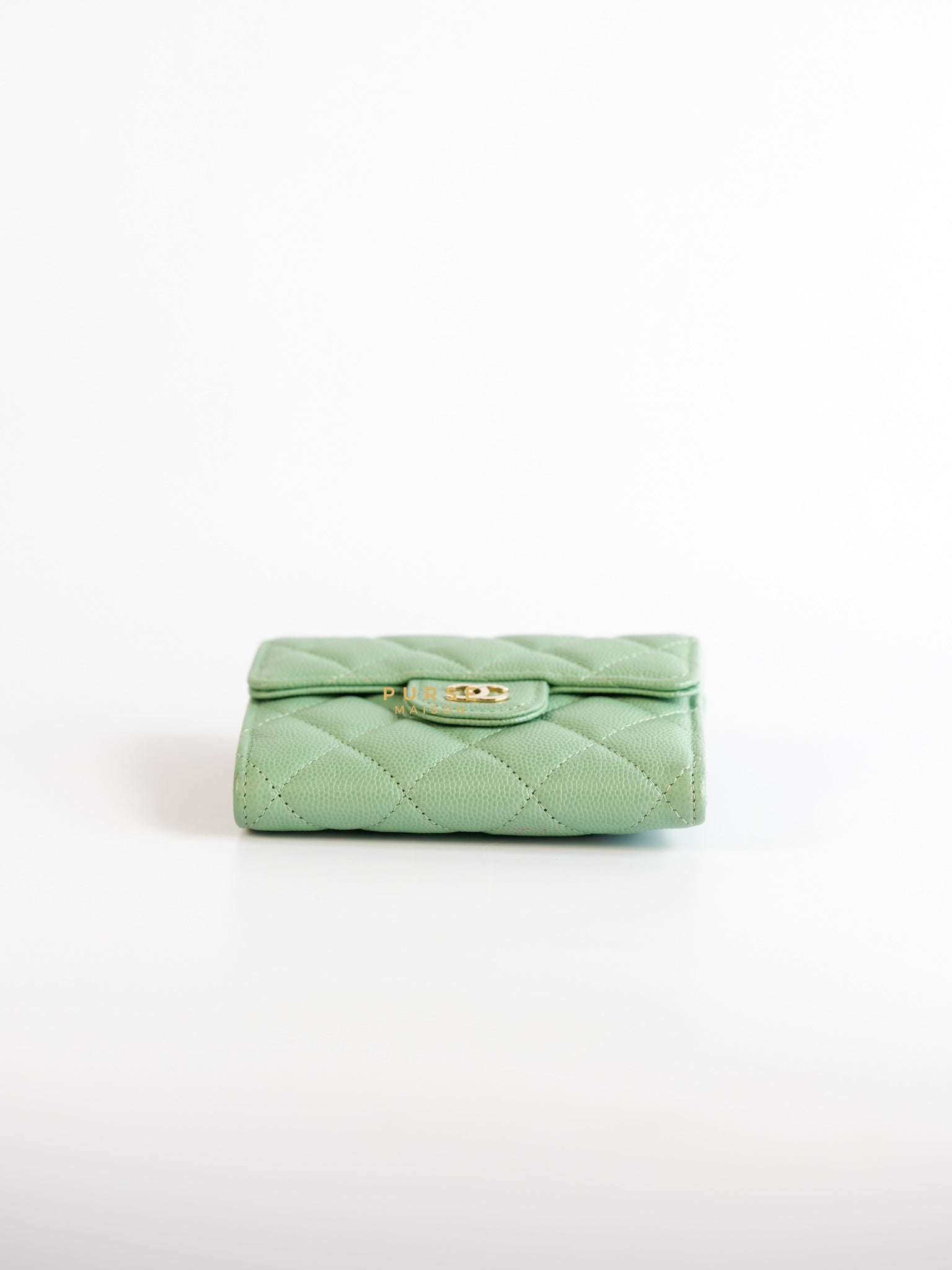 Classic Compact Trifold Wallet in Pastel Green Caviar & Light Gold Hardware (Microchip) | Purse Maison Luxury Bags Shop