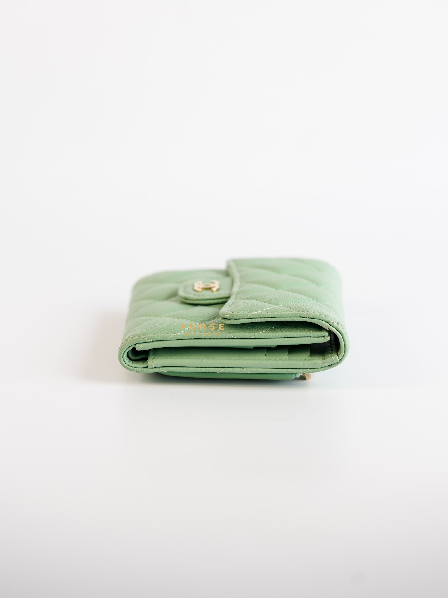 Classic Compact Trifold Wallet in Pastel Green Caviar & Light Gold Hardware (Microchip) | Purse Maison Luxury Bags Shop