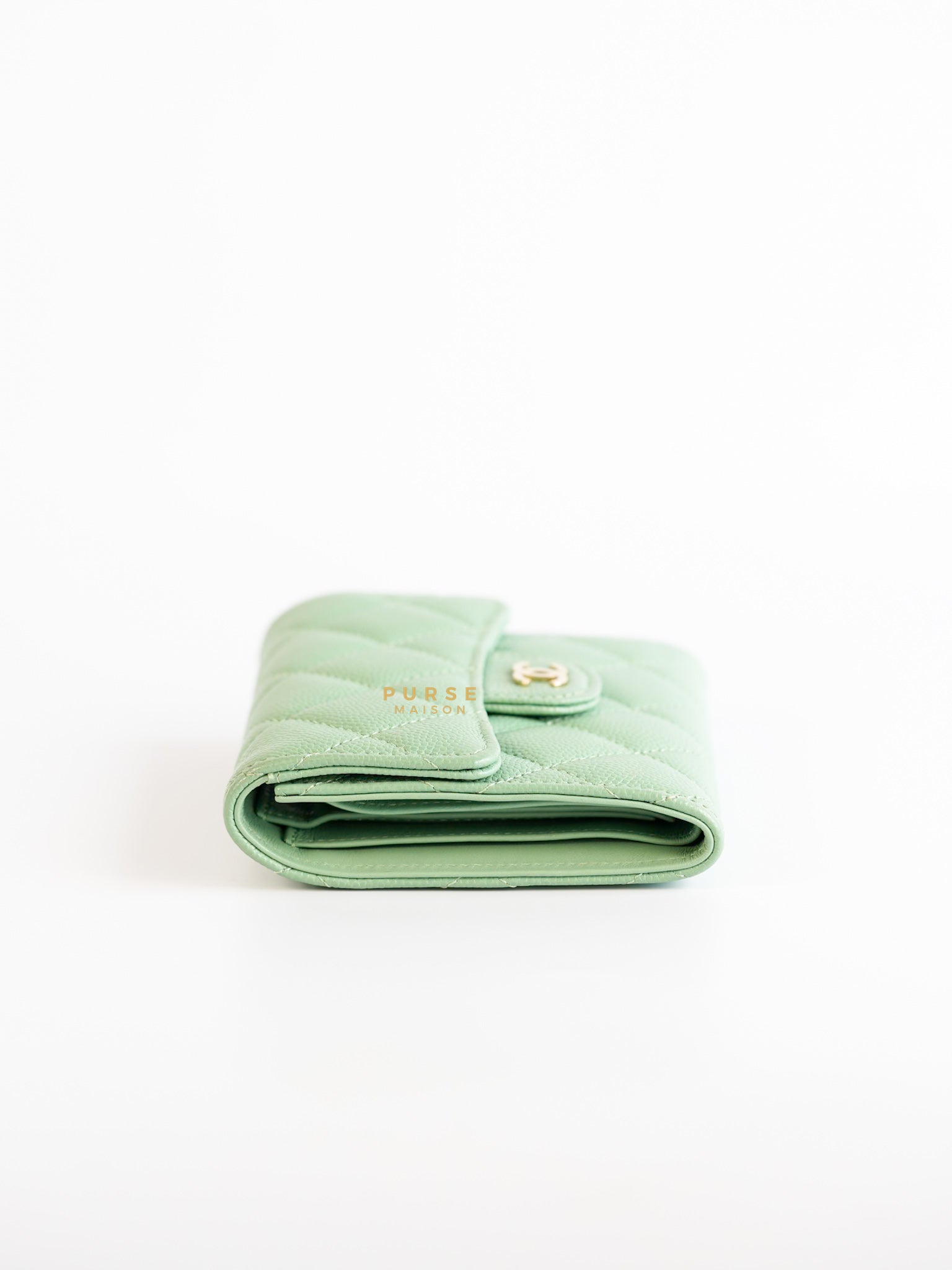 Classic Compact Trifold Wallet in Pastel Green Caviar & Light Gold Hardware (Microchip) | Purse Maison Luxury Bags Shop