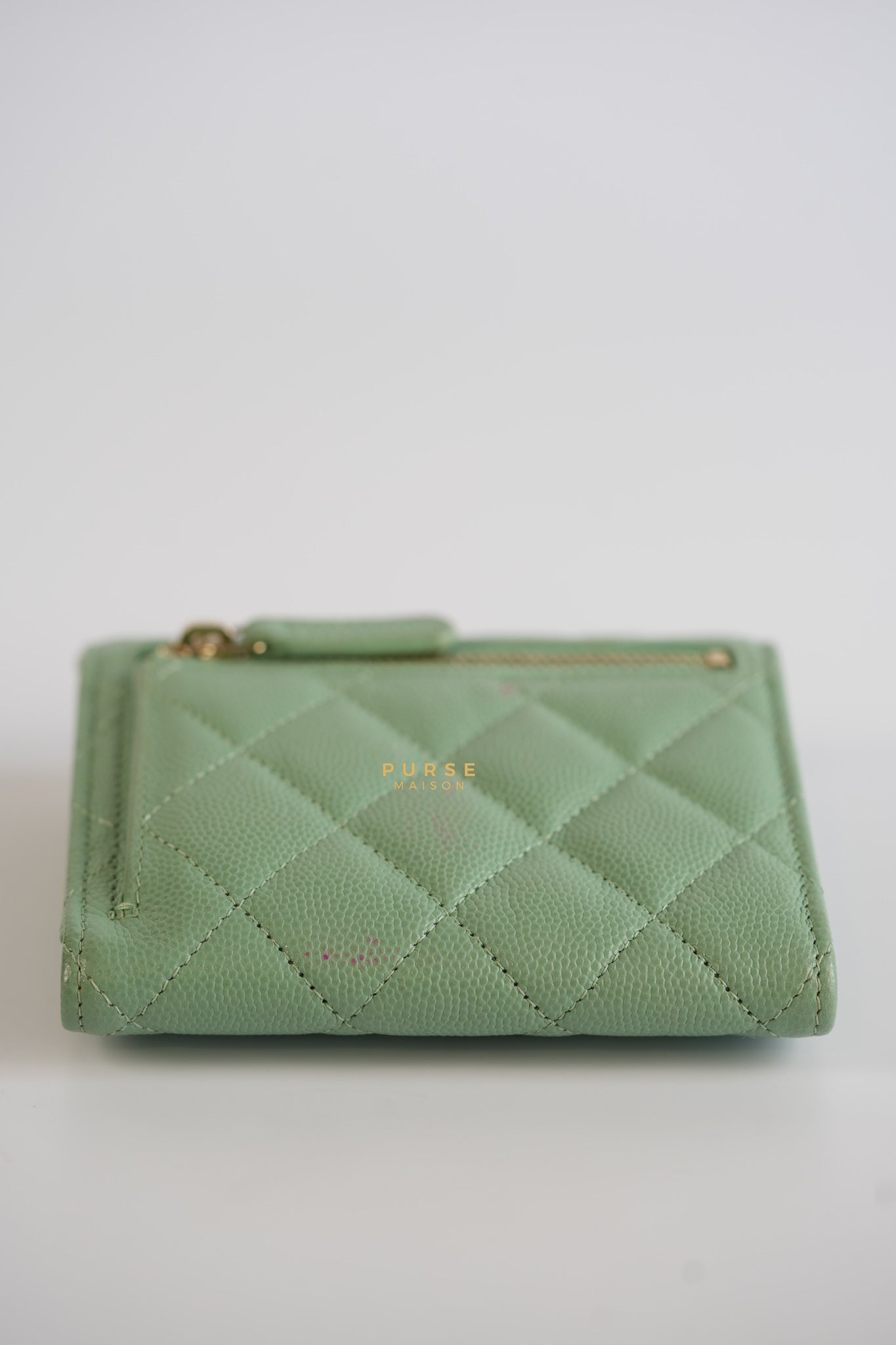 Classic Compact Trifold Wallet in Pastel Green Caviar & Light Gold Hardware (Microchip) | Purse Maison Luxury Bags Shop