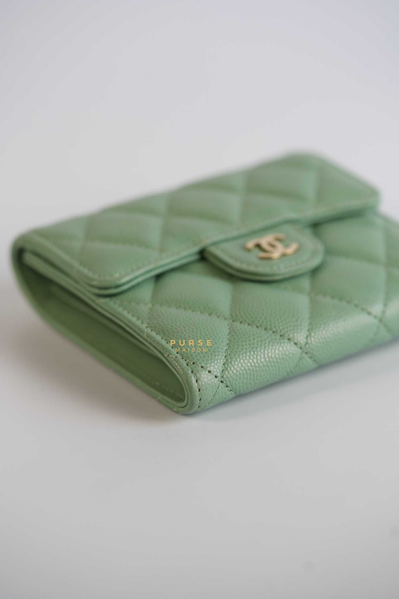 Classic Compact Trifold Wallet in Pastel Green Caviar & Light Gold Hardware (Microchip) | Purse Maison Luxury Bags Shop