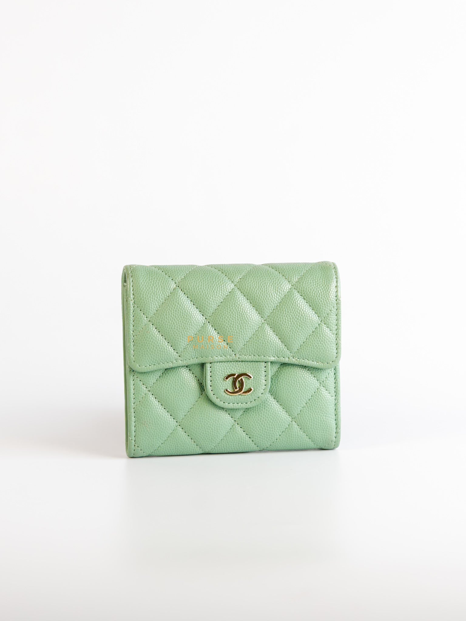 Classic Compact Trifold Wallet in Pastel Green Caviar & Light Gold Hardware (Microchip) | Purse Maison Luxury Bags Shop