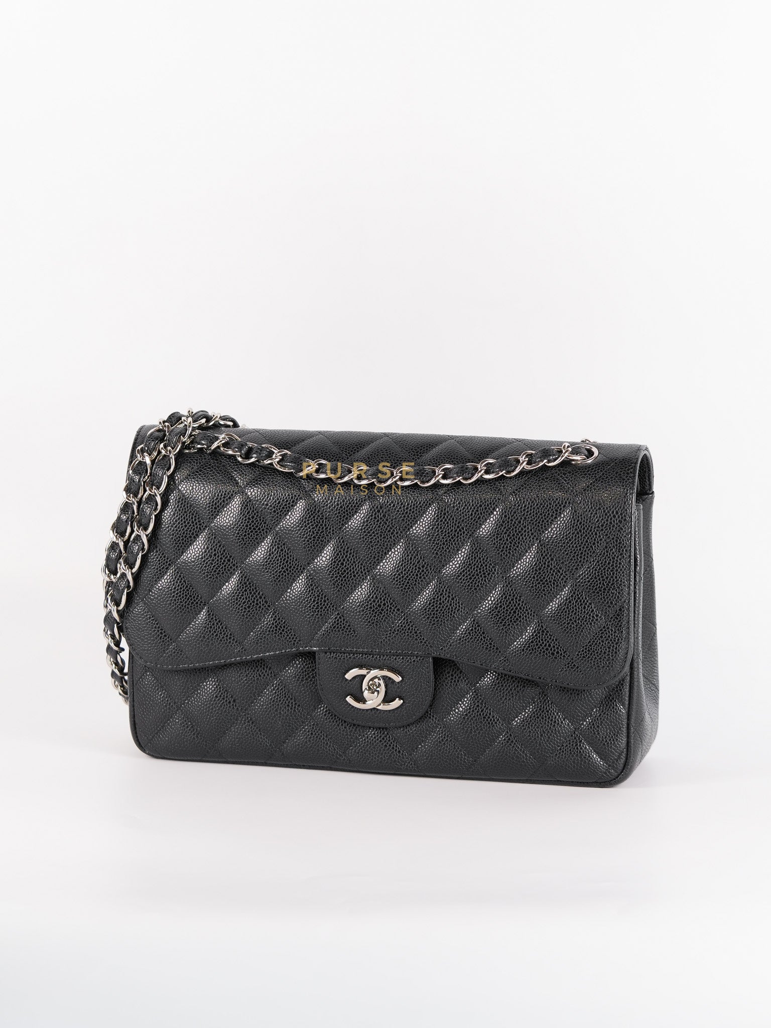 Classic Double Flap Bag Jumbo in Black Quilted Caviar Leather & Silver Hardware Series 17 | Purse Maison Luxury Bags Shop