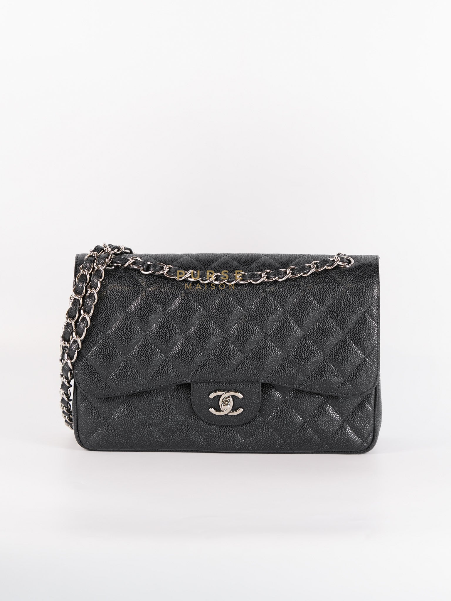 Classic Double Flap Bag Jumbo in Black Quilted Caviar Leather & Silver Hardware Series 17 | Purse Maison Luxury Bags Shop