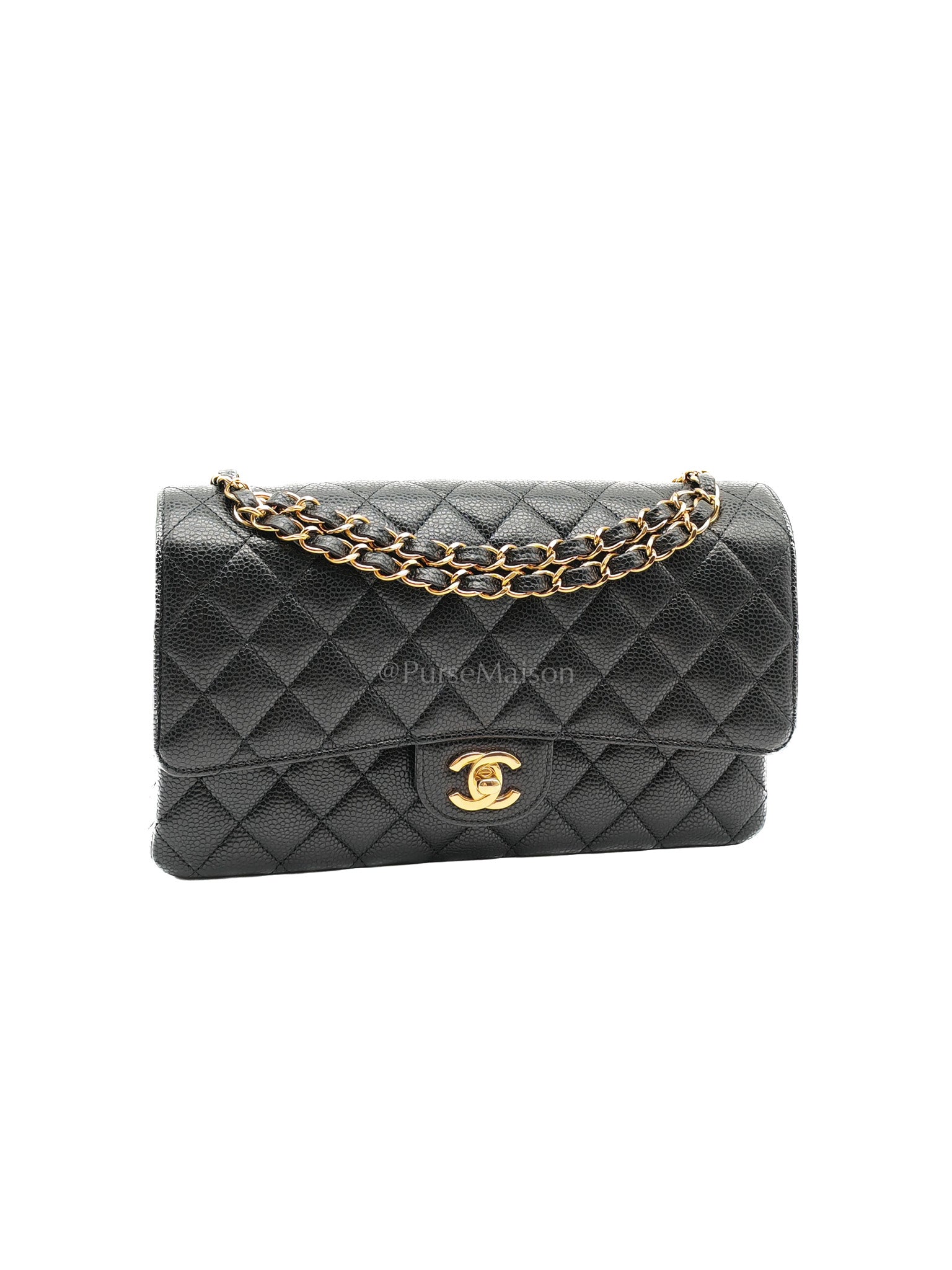 Classic Double Flap Bag Medium in Black Quilted Caviar Leather and Gold Hardware Microchip | Purse Maison Luxury Bags Shop