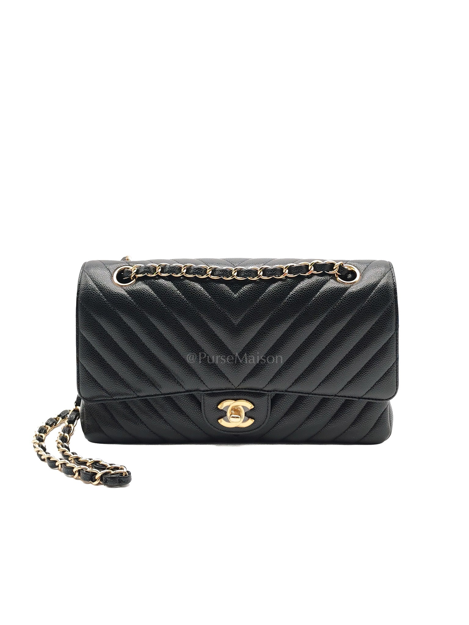 Classic Double Flap in Black Chevron Caviar Leather & Gold Hardware Medium Series 30 | Purse Maison Luxury Bags Shop