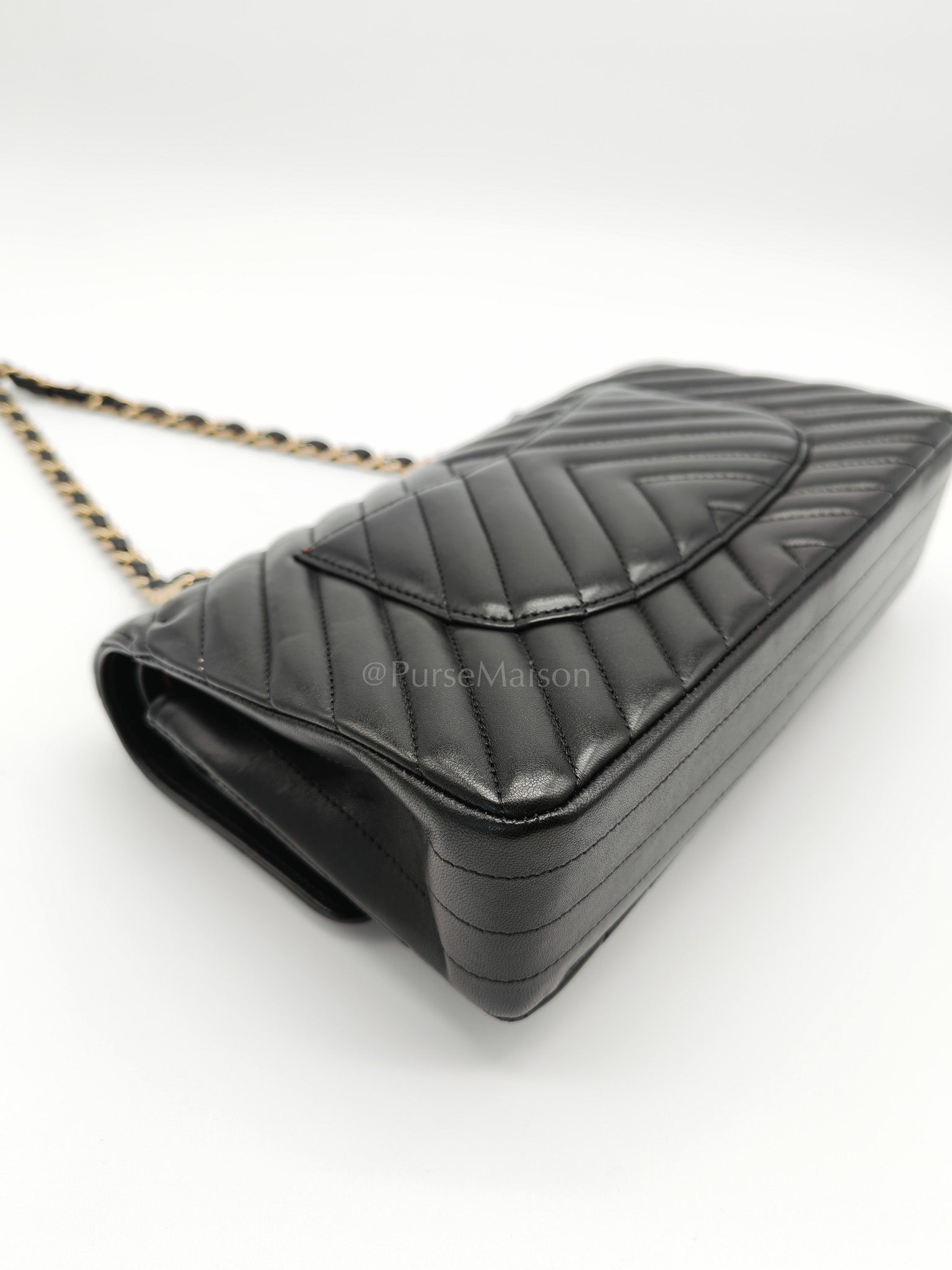 Classic Double Flap in Black Chevron Lambskin Leather and Light Gold Hardware Series 24 | Purse Maison Luxury Bags Shop
