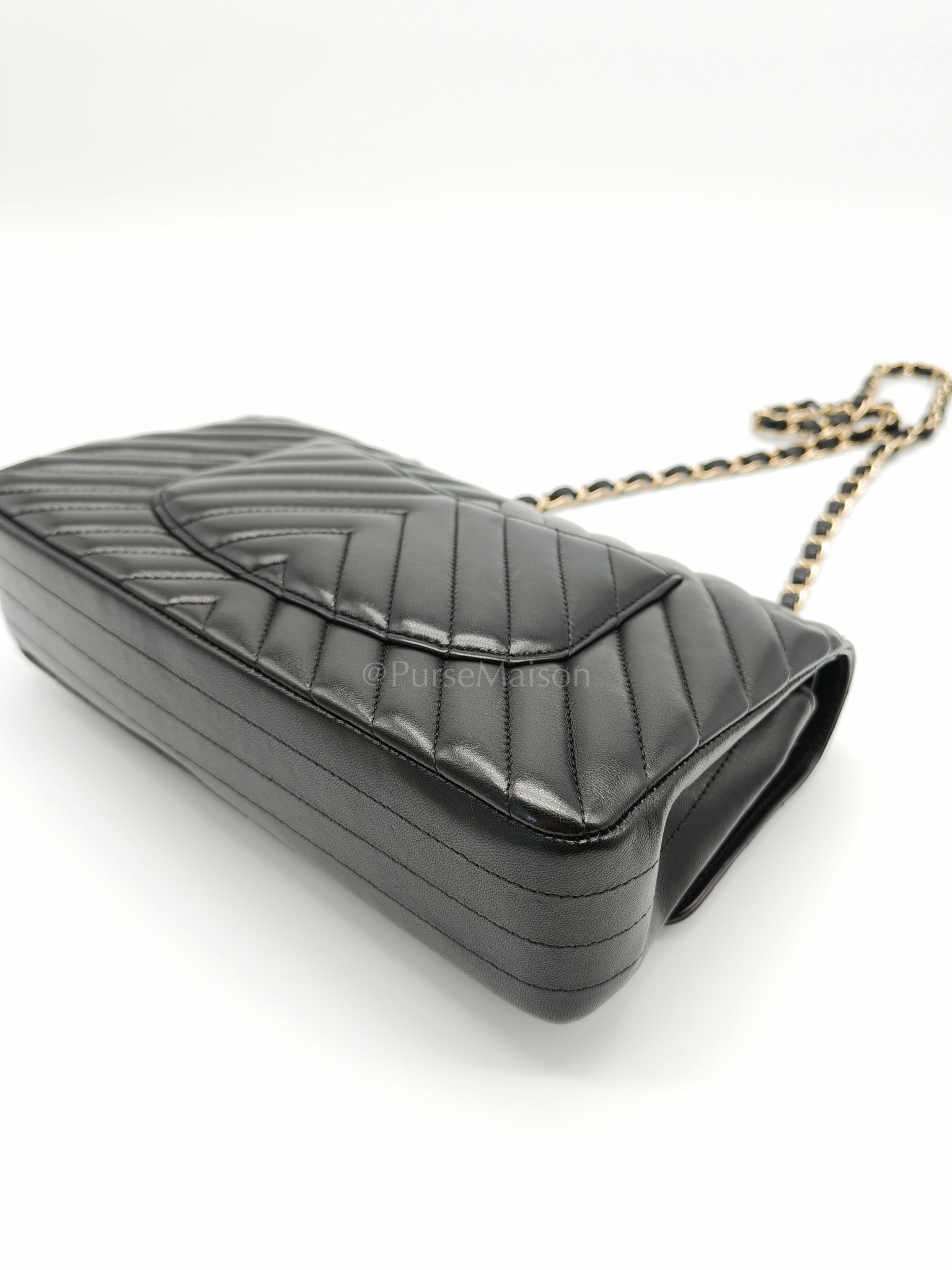 Classic Double Flap in Black Chevron Lambskin Leather and Light Gold Hardware Series 24 | Purse Maison Luxury Bags Shop
