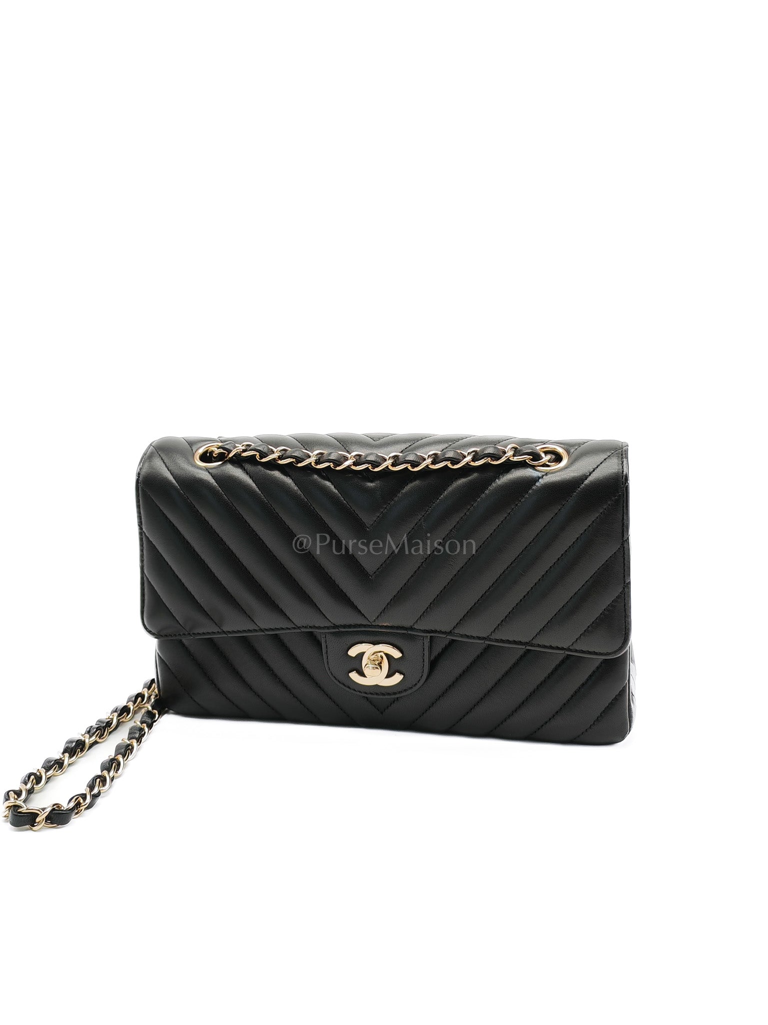 Classic Double Flap in Black Chevron Lambskin Leather and Light Gold Hardware Series 24 | Purse Maison Luxury Bags Shop