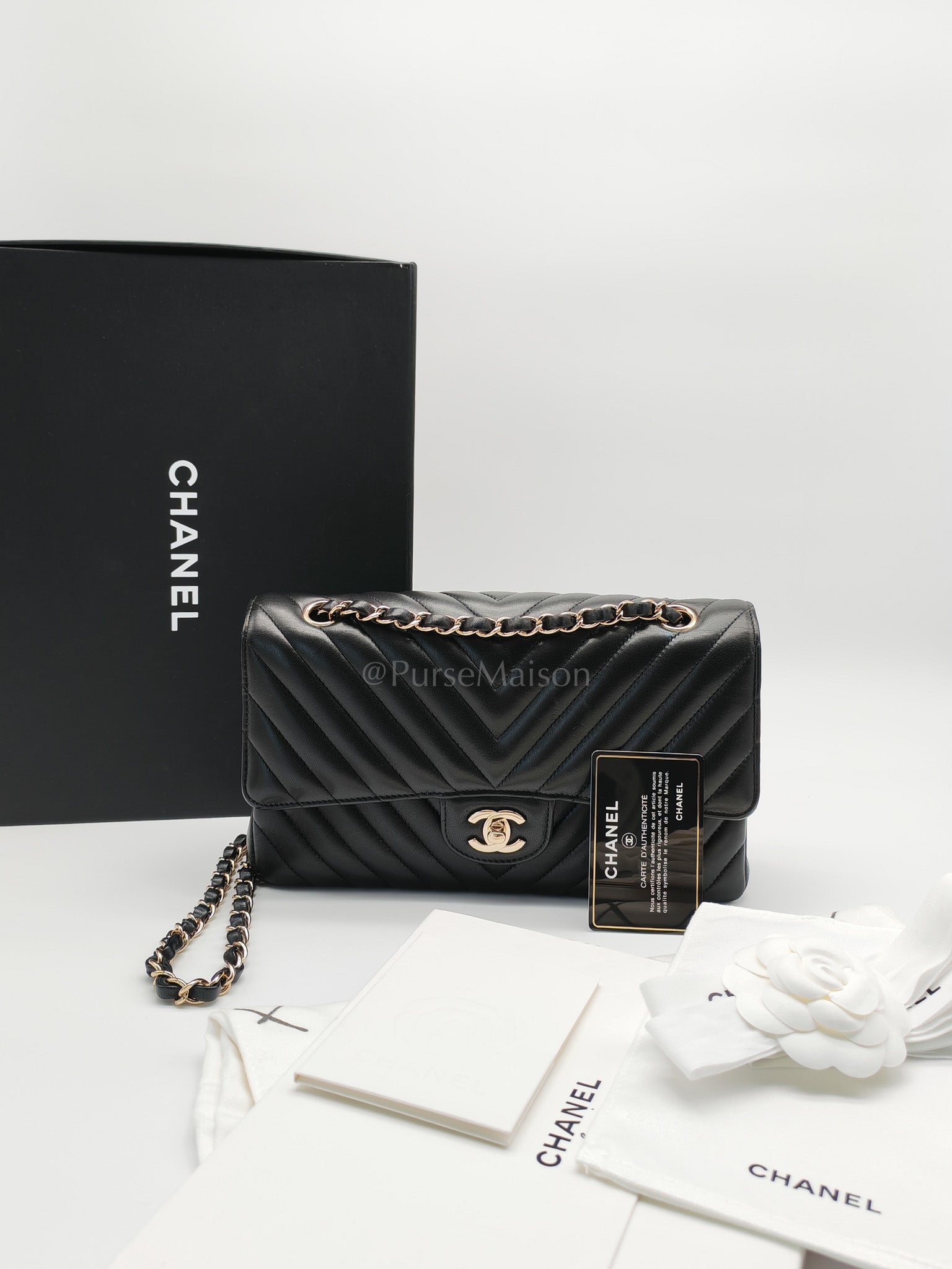 Classic Double Flap in Black Chevron Lambskin Leather and Light Gold Hardware Series 24 | Purse Maison Luxury Bags Shop