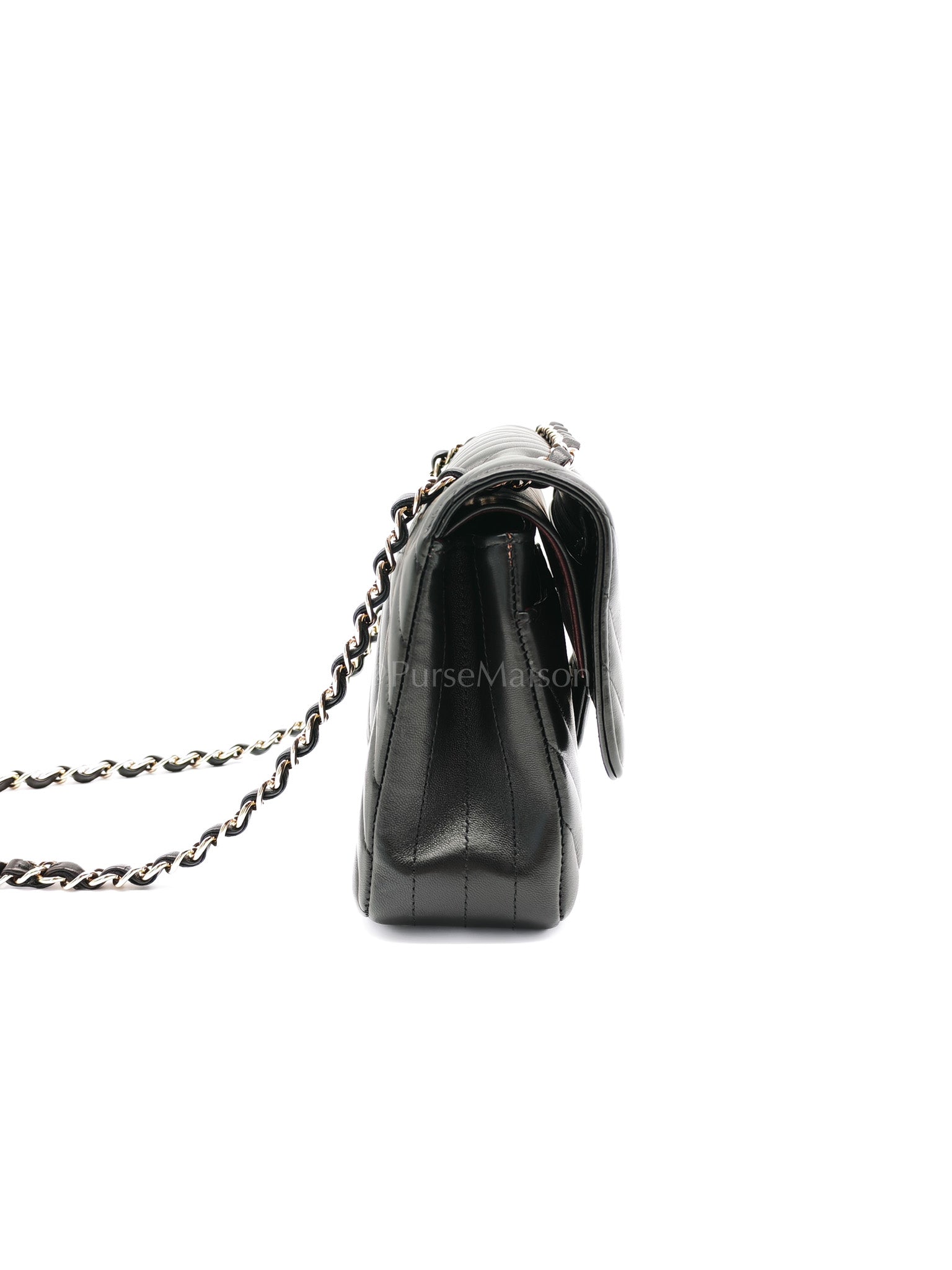 Classic Double Flap in Black Chevron Lambskin Leather and Light Gold Hardware Series 24 | Purse Maison Luxury Bags Shop