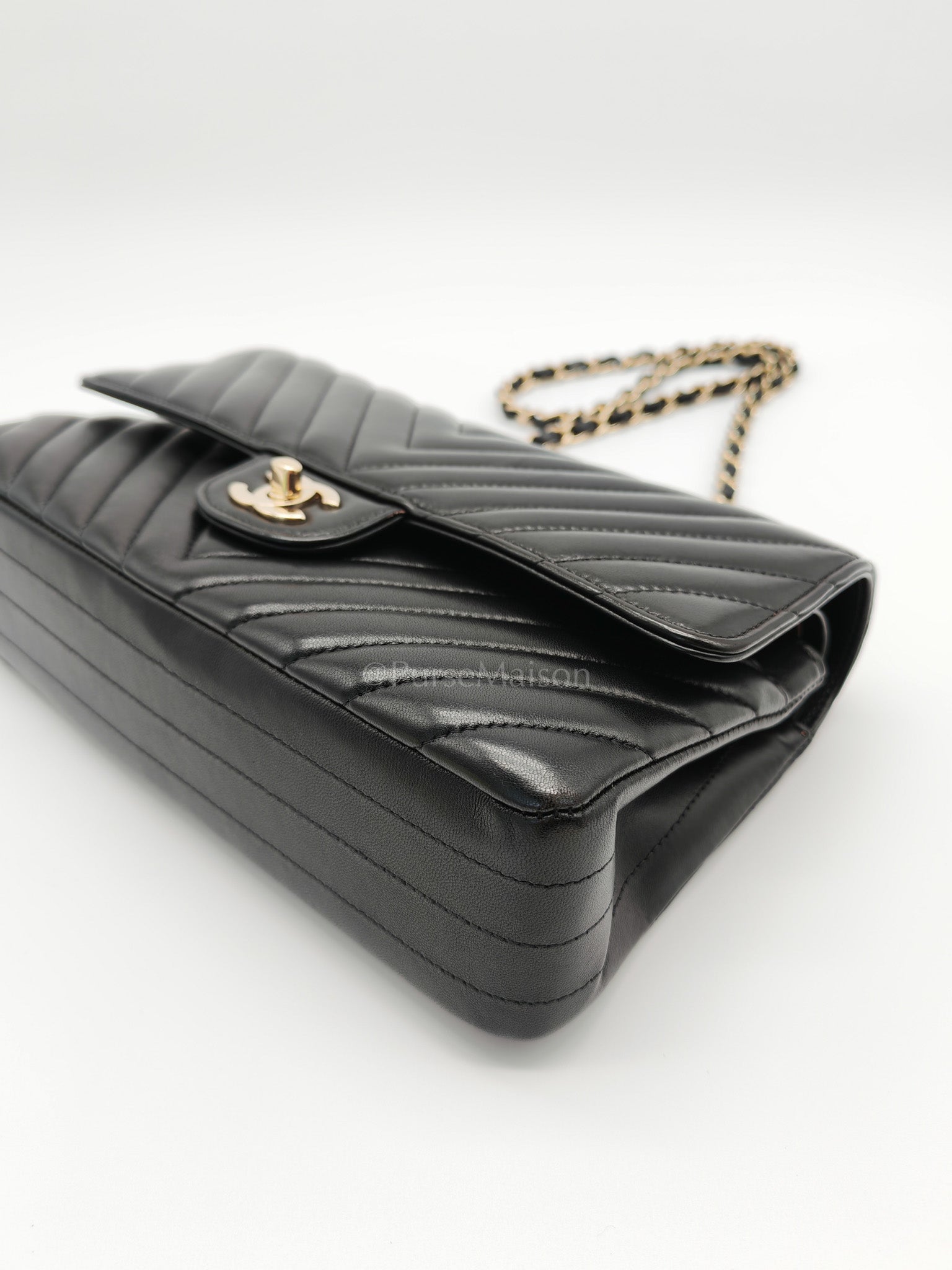 Classic Double Flap in Black Chevron Lambskin Leather and Light Gold Hardware Series 24 | Purse Maison Luxury Bags Shop