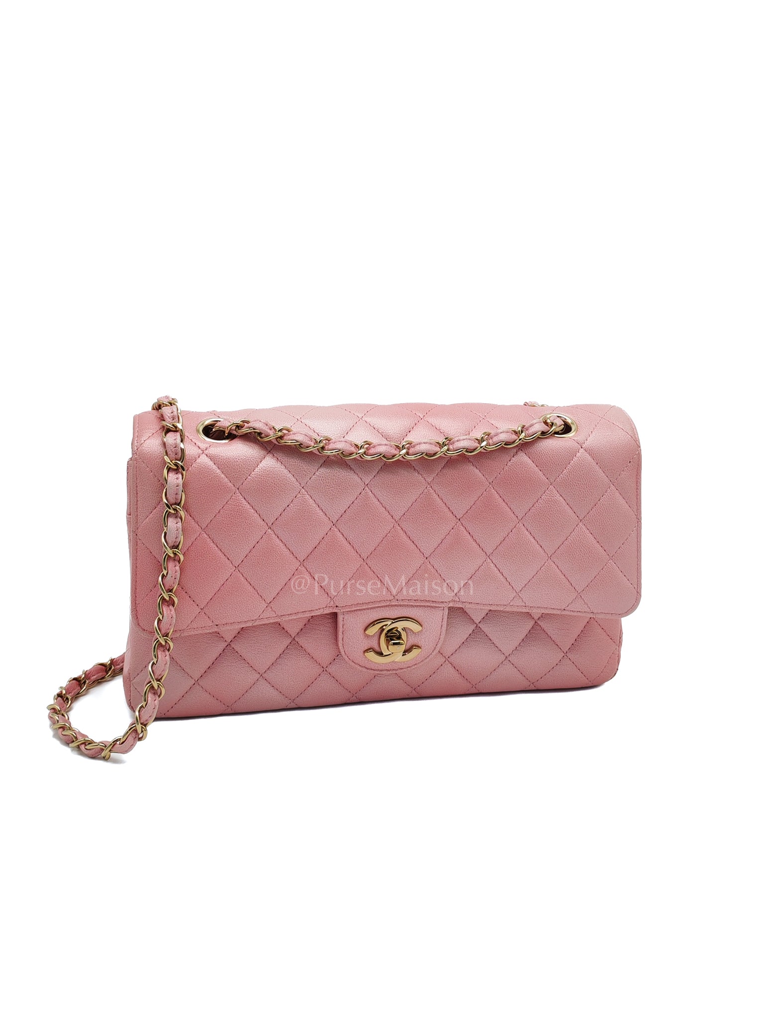Classic Double Flap in Iridescent Pink Quilted Calfskin Leather and Gold Hardware (Microchip) | Purse Maison Luxury Bags Shop