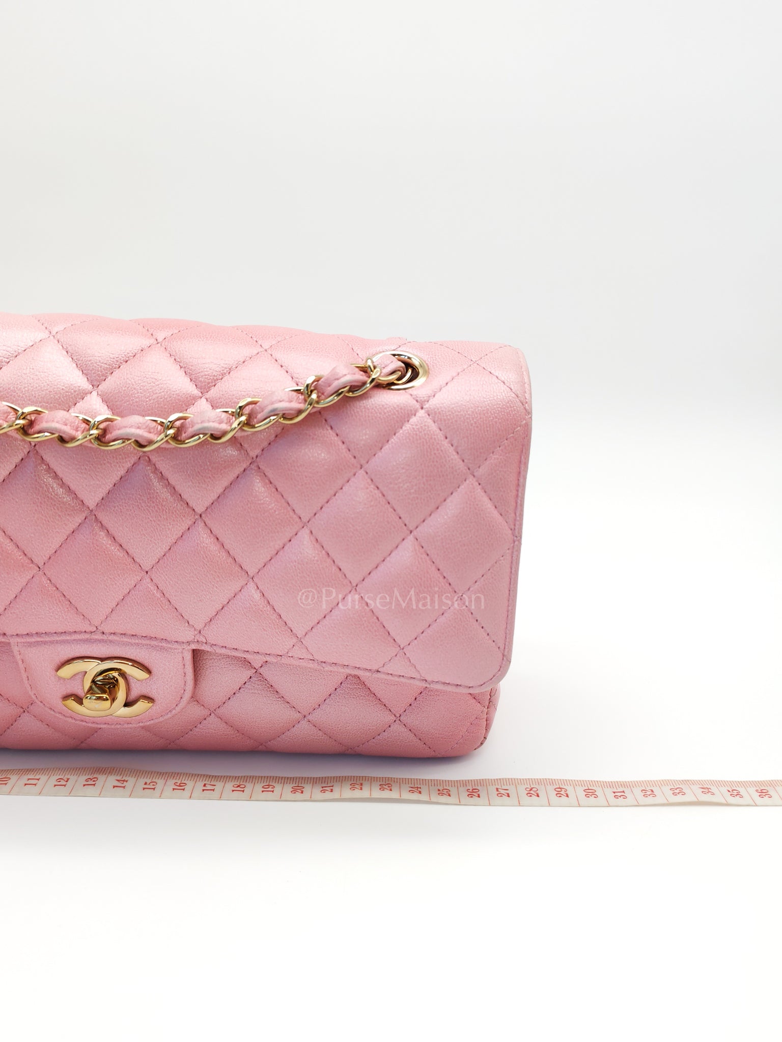 Classic Double Flap in Iridescent Pink Quilted Calfskin Leather and Gold Hardware (Microchip) | Purse Maison Luxury Bags Shop