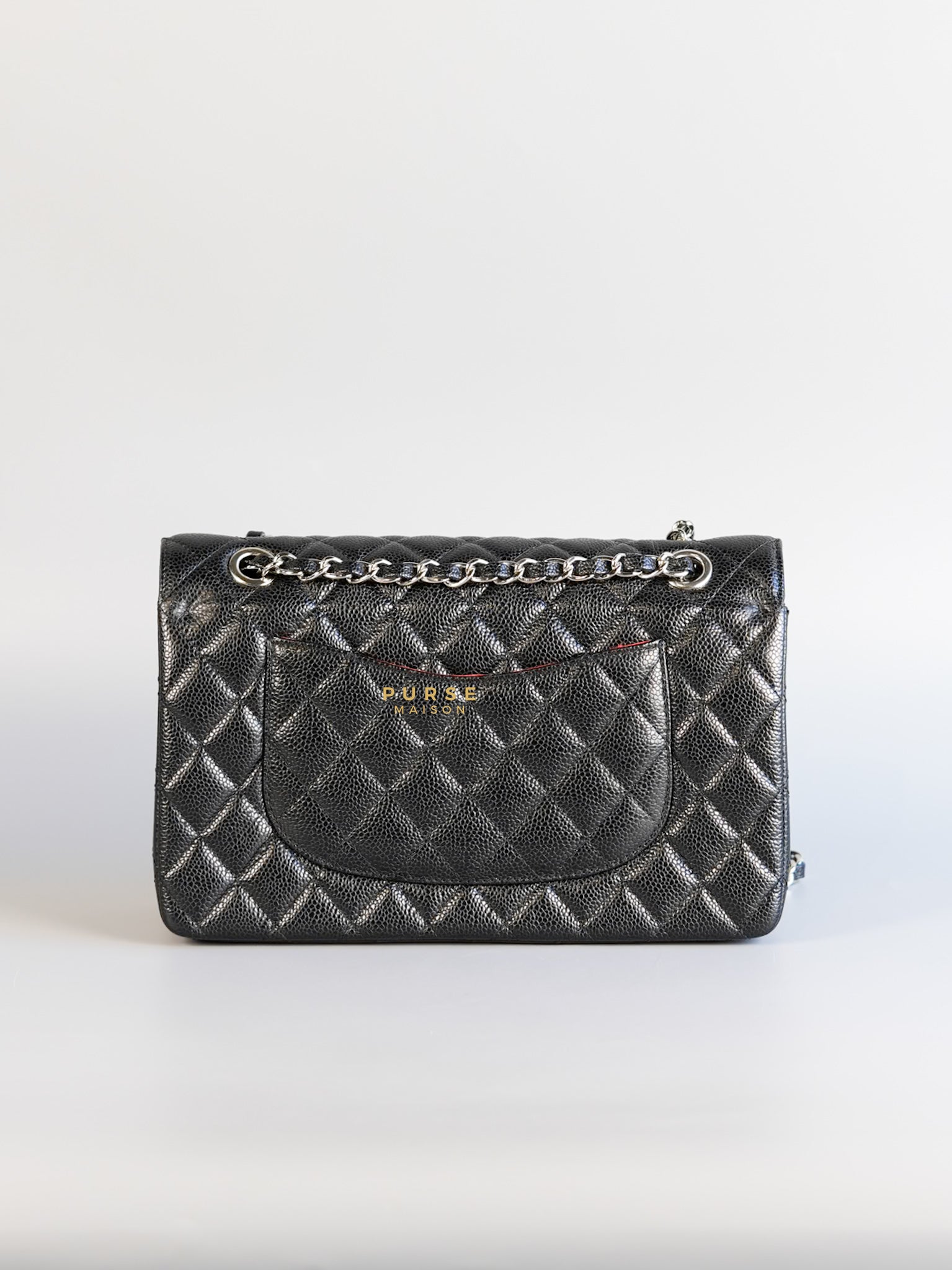 Classic Double Flap in Medium Black Caviar Leather & Silver Hardware Red Orange Interior Series 20 | Purse Maison Luxury Bags Shop