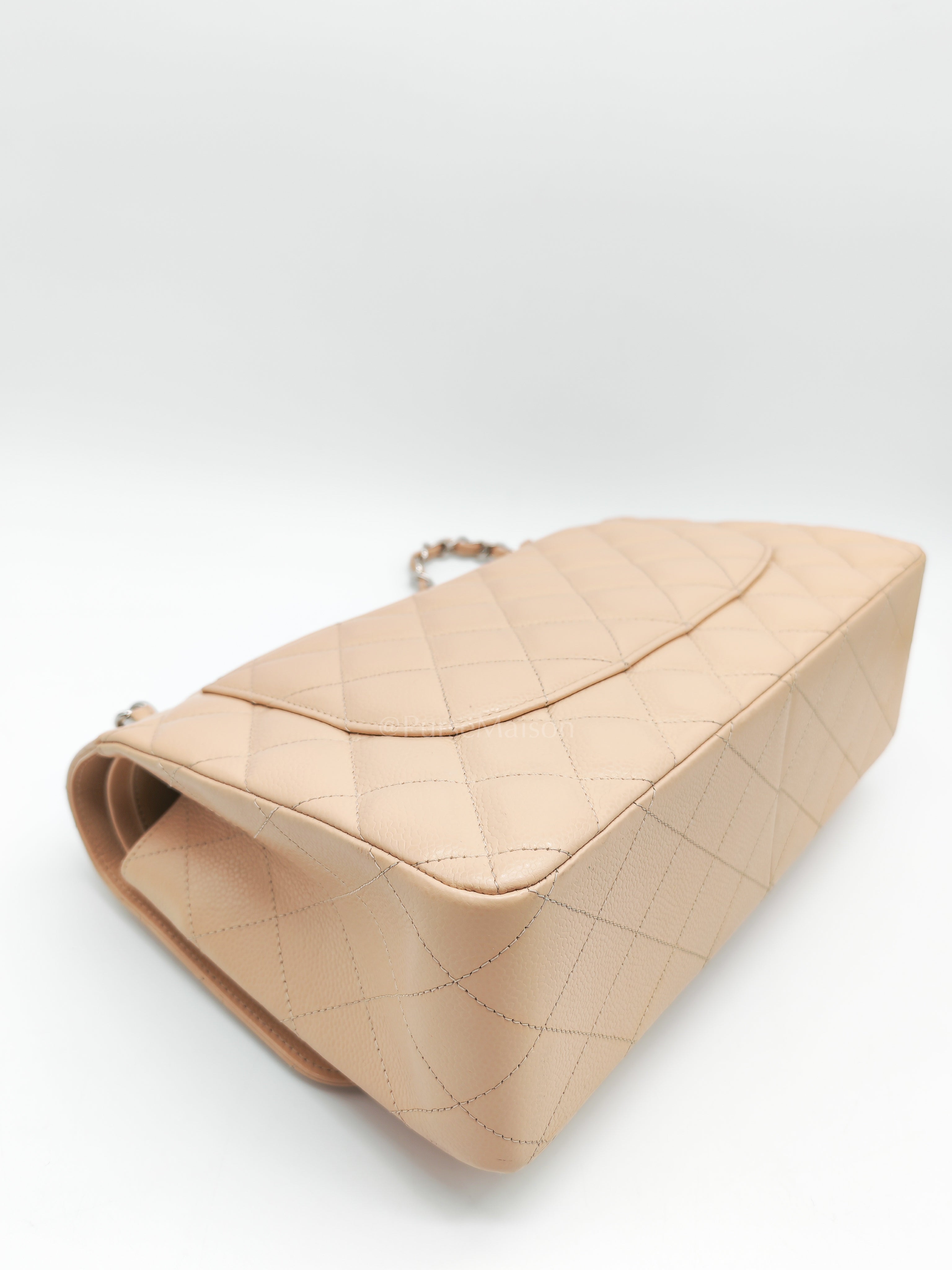 Classic Double Flap Jumbo Beige Caviar Leather in Silver Hardware (Series 30) | Purse Maison Luxury Bags Shop