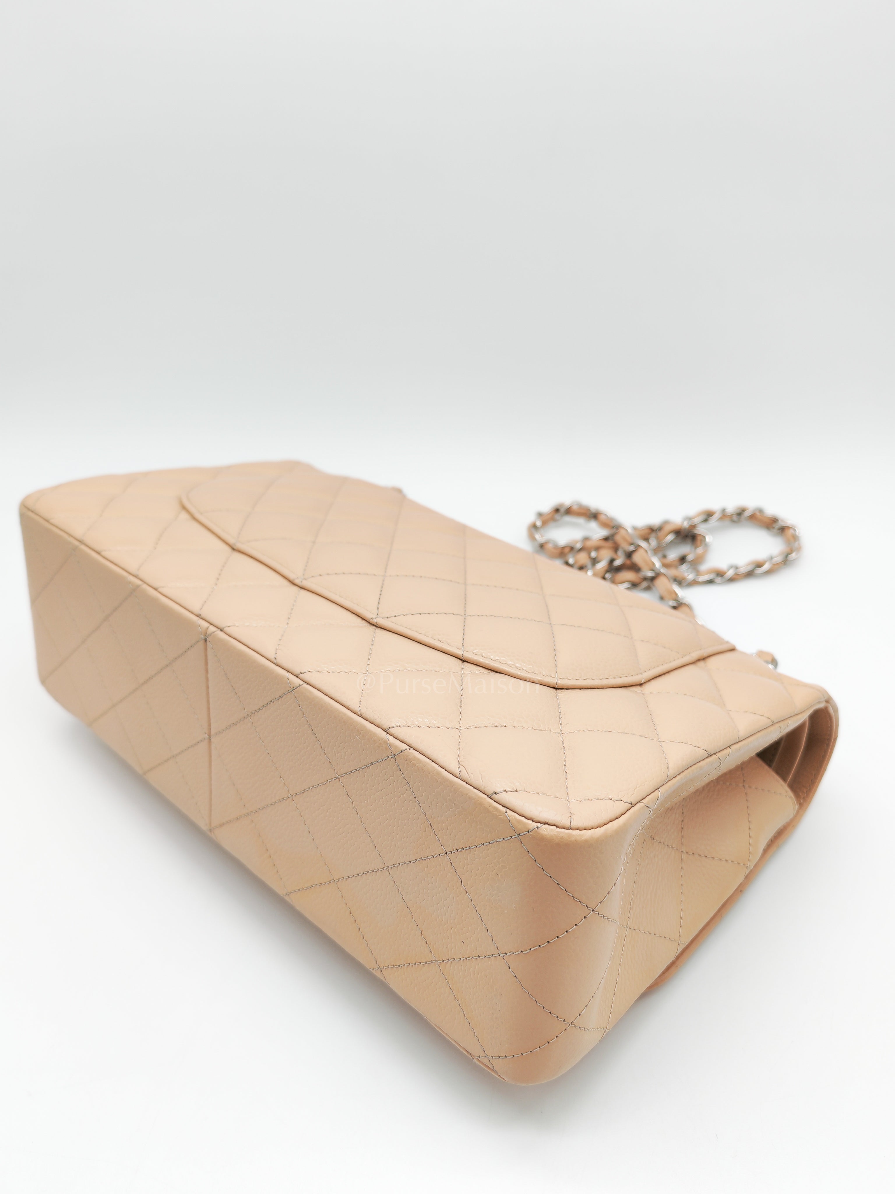 Classic Double Flap Jumbo Beige Caviar Leather in Silver Hardware (Series 30) | Purse Maison Luxury Bags Shop