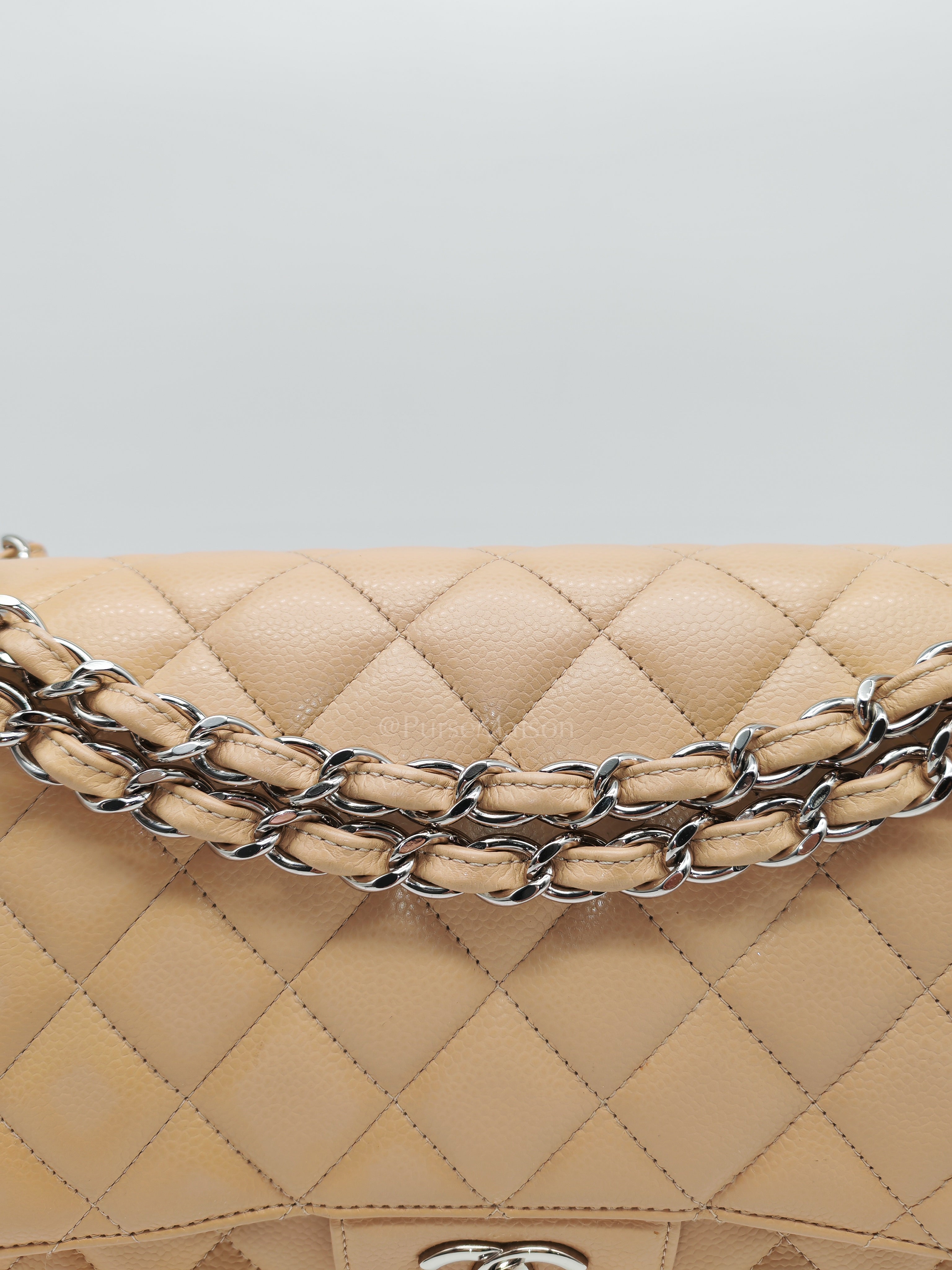 Classic Double Flap Jumbo Beige Caviar Leather in Silver Hardware (Series 30) | Purse Maison Luxury Bags Shop