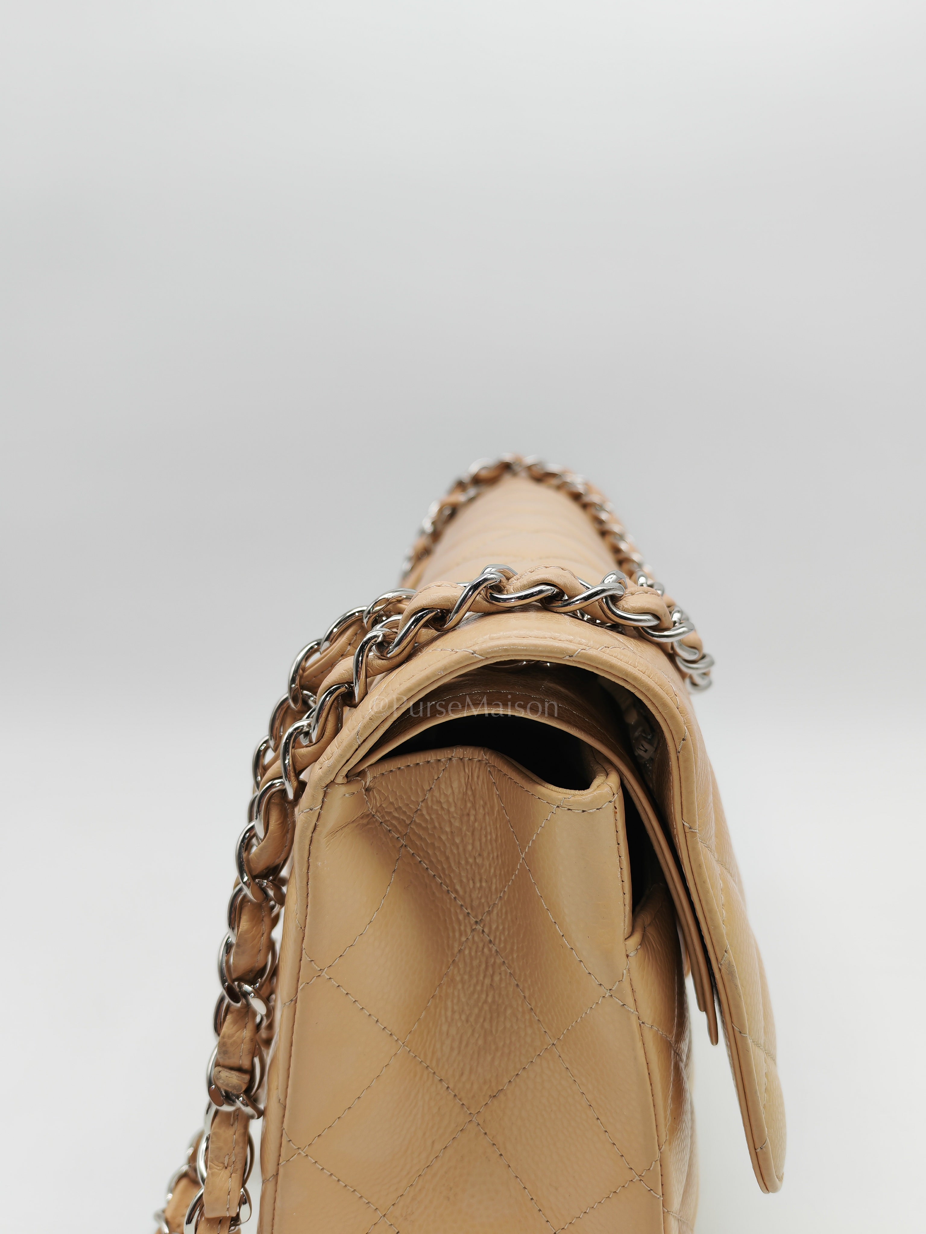Classic Double Flap Jumbo Beige Caviar Leather in Silver Hardware (Series 30) | Purse Maison Luxury Bags Shop