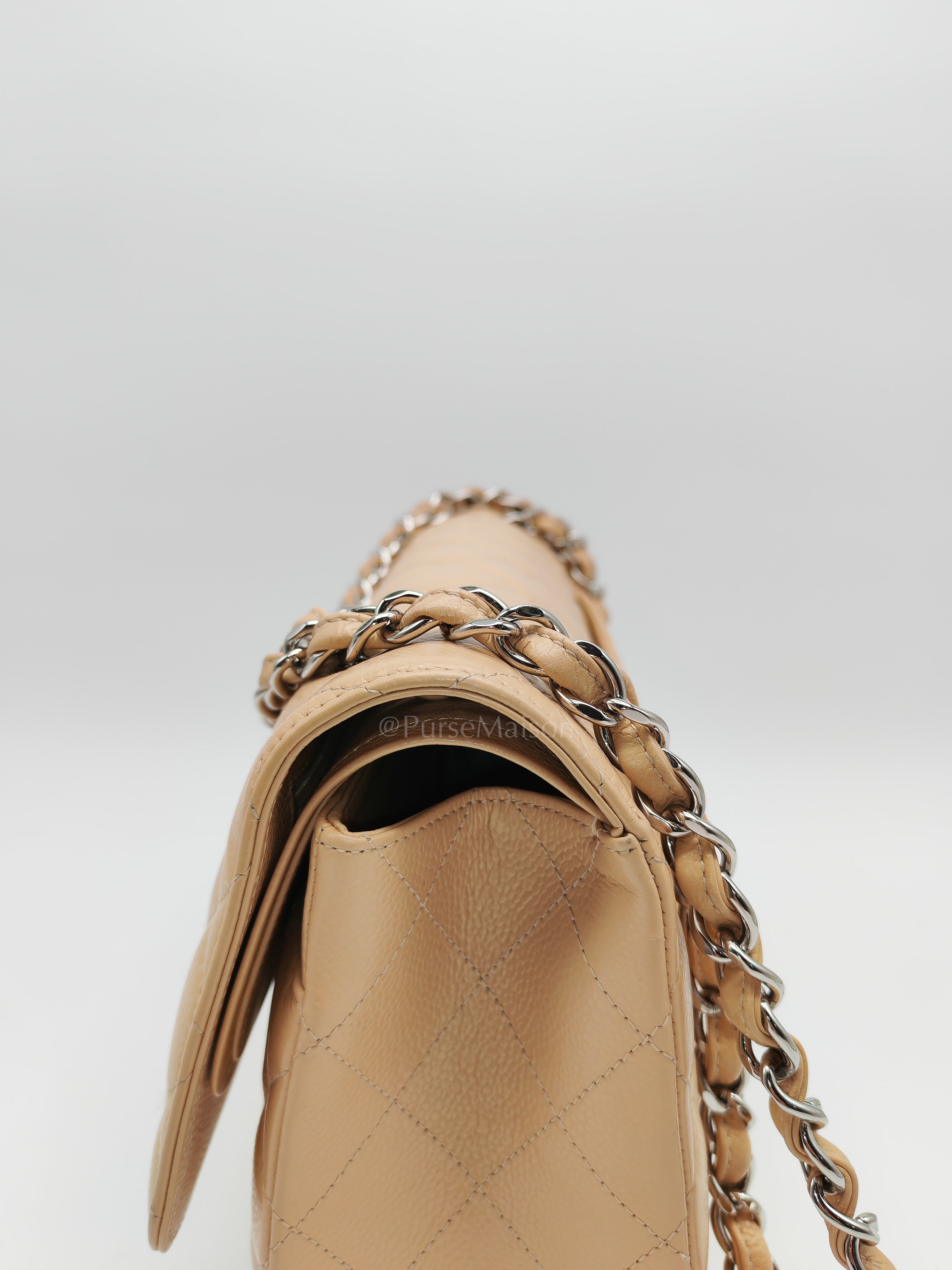 Classic Double Flap Jumbo Beige Caviar Leather in Silver Hardware (Series 30) | Purse Maison Luxury Bags Shop