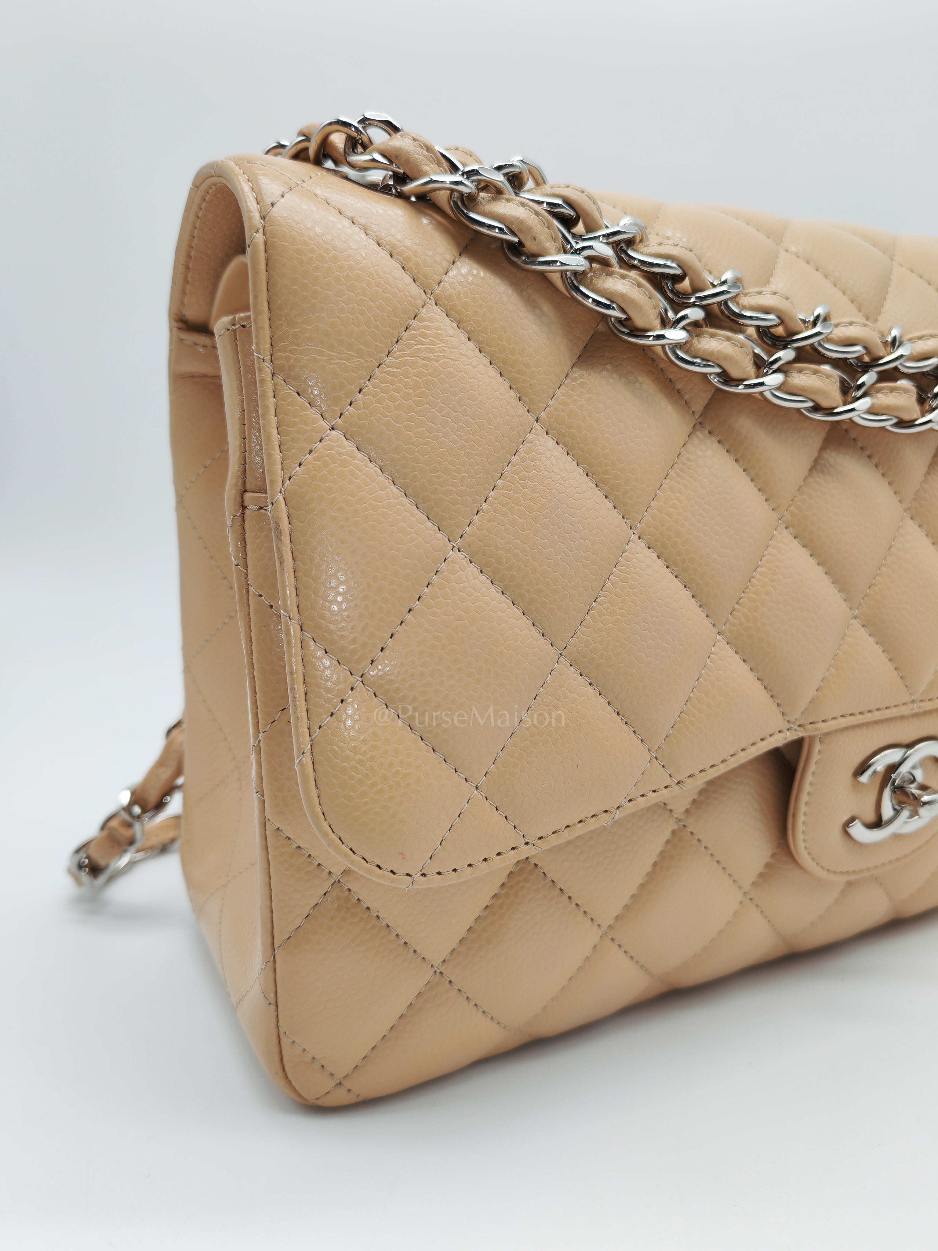 Classic Double Flap Jumbo Beige Caviar Leather in Silver Hardware (Series 30) | Purse Maison Luxury Bags Shop