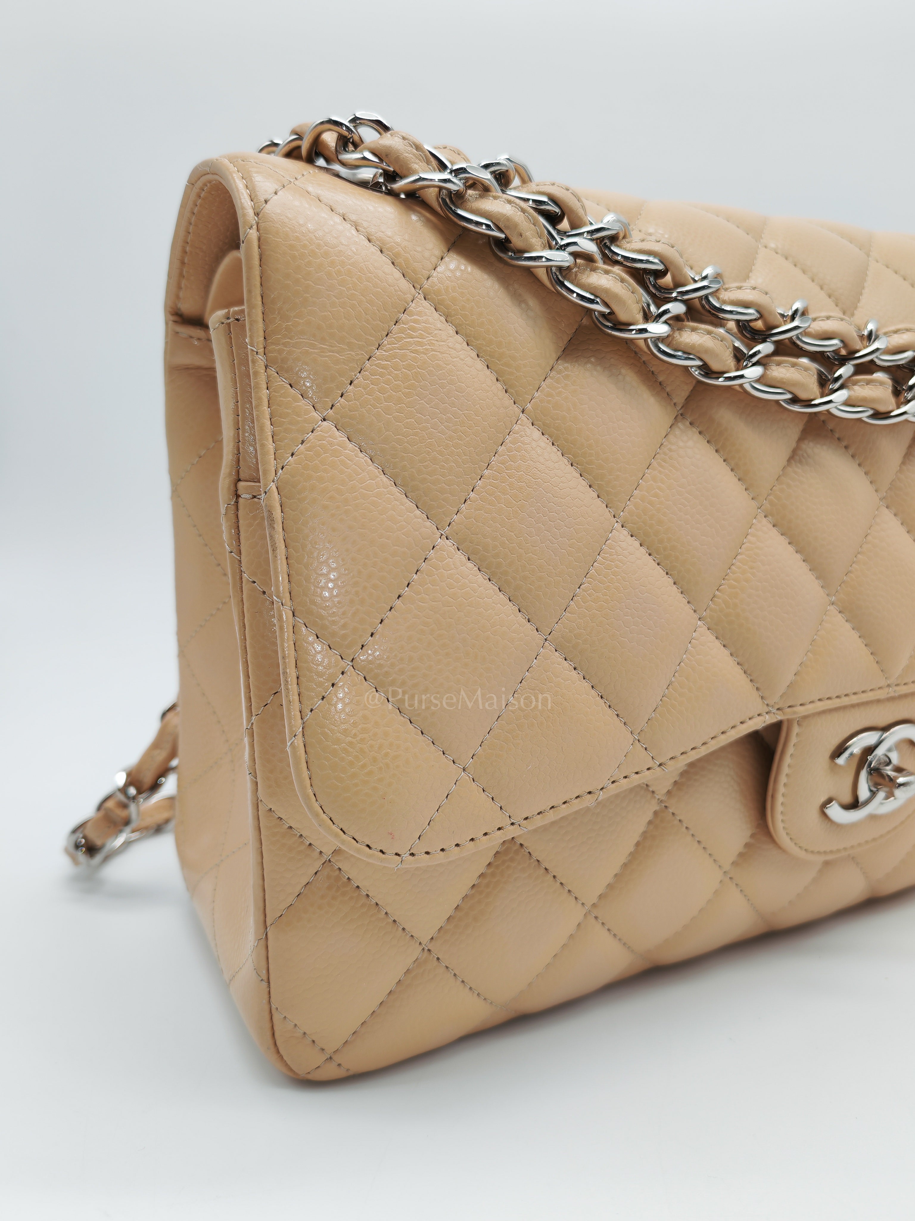 Classic Double Flap Jumbo Beige Caviar Leather in Silver Hardware (Series 30) | Purse Maison Luxury Bags Shop