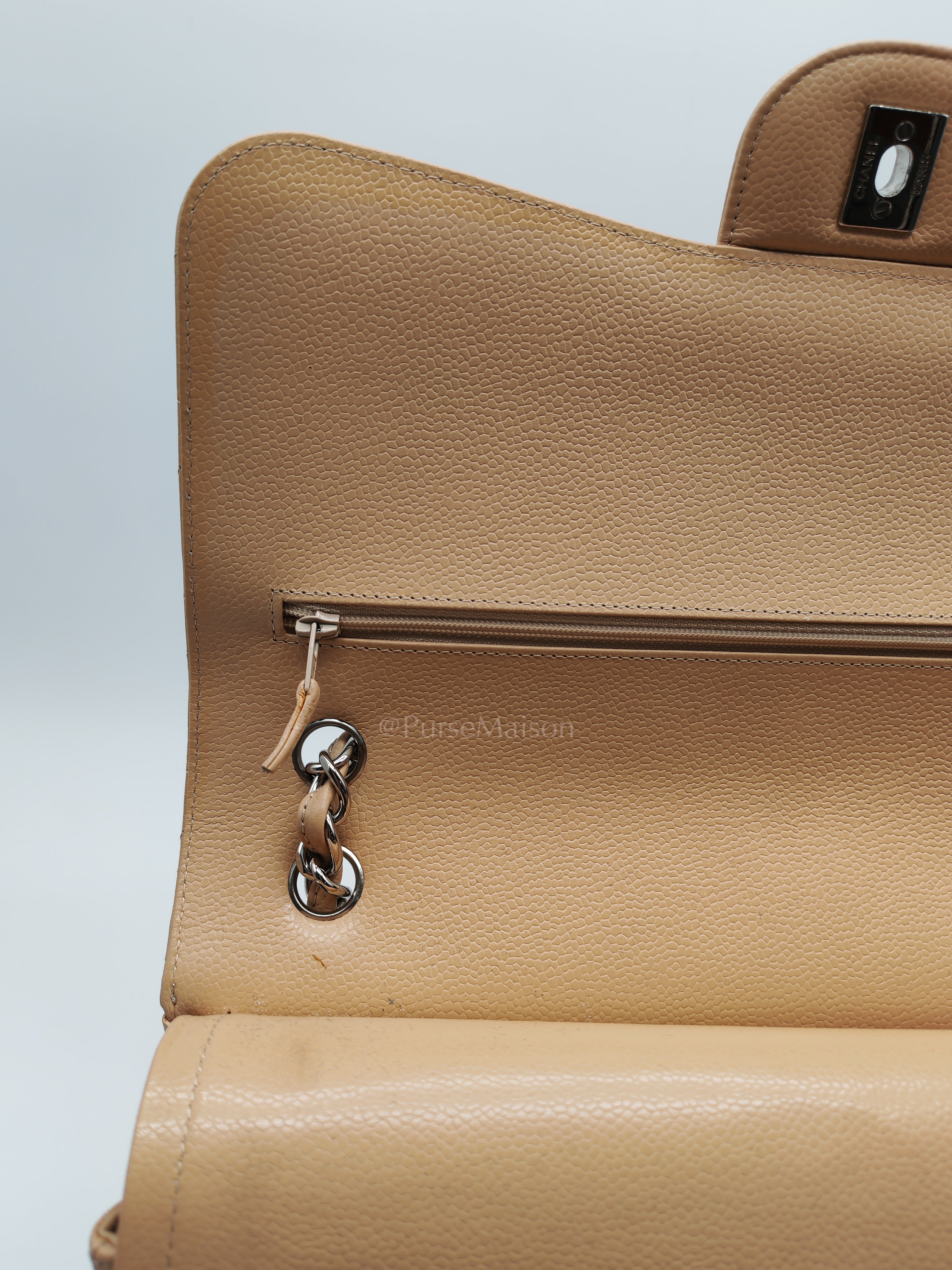 Classic Double Flap Jumbo Beige Caviar Leather in Silver Hardware (Series 30) | Purse Maison Luxury Bags Shop