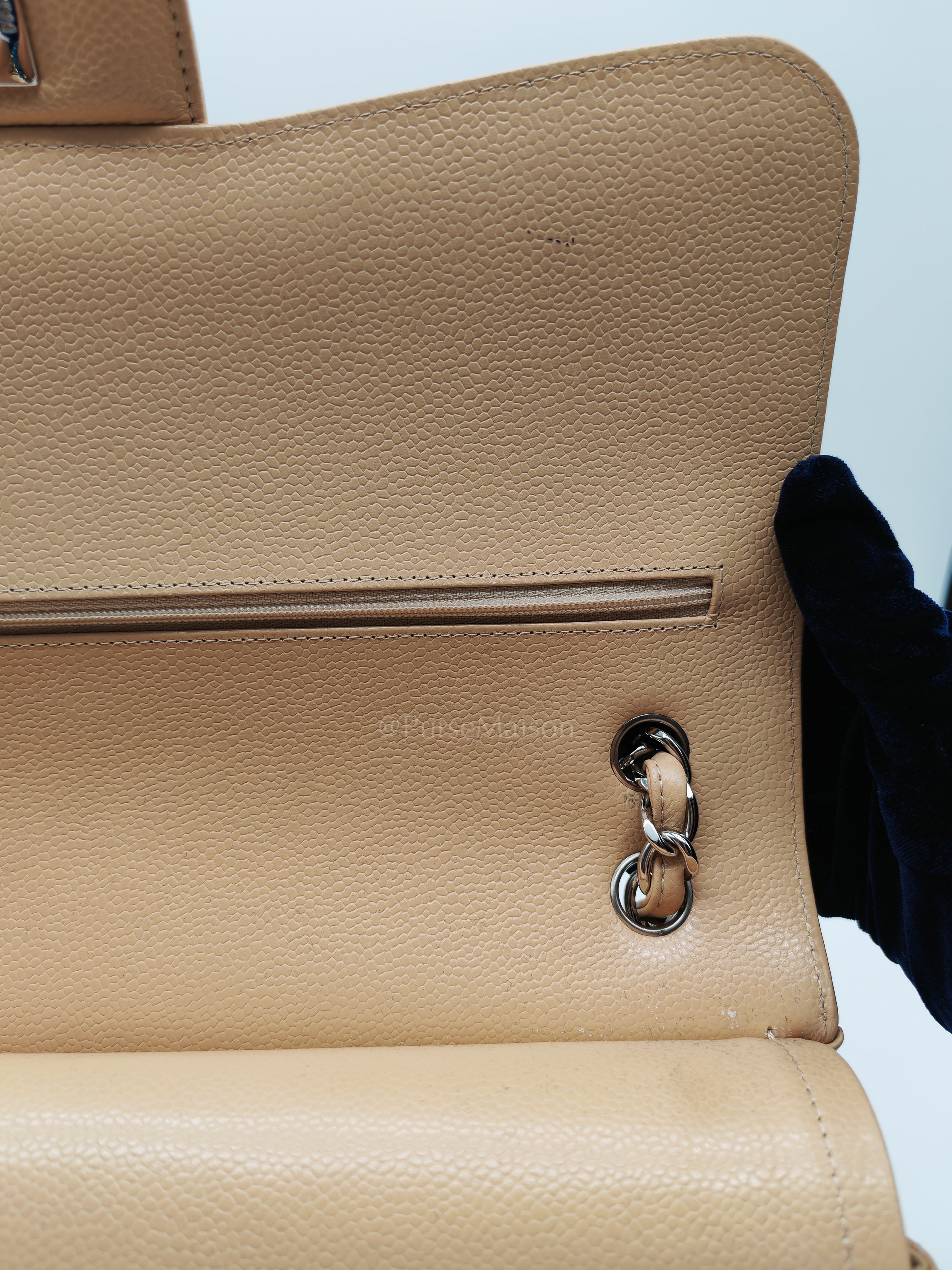 Classic Double Flap Jumbo Beige Caviar Leather in Silver Hardware (Series 30) | Purse Maison Luxury Bags Shop