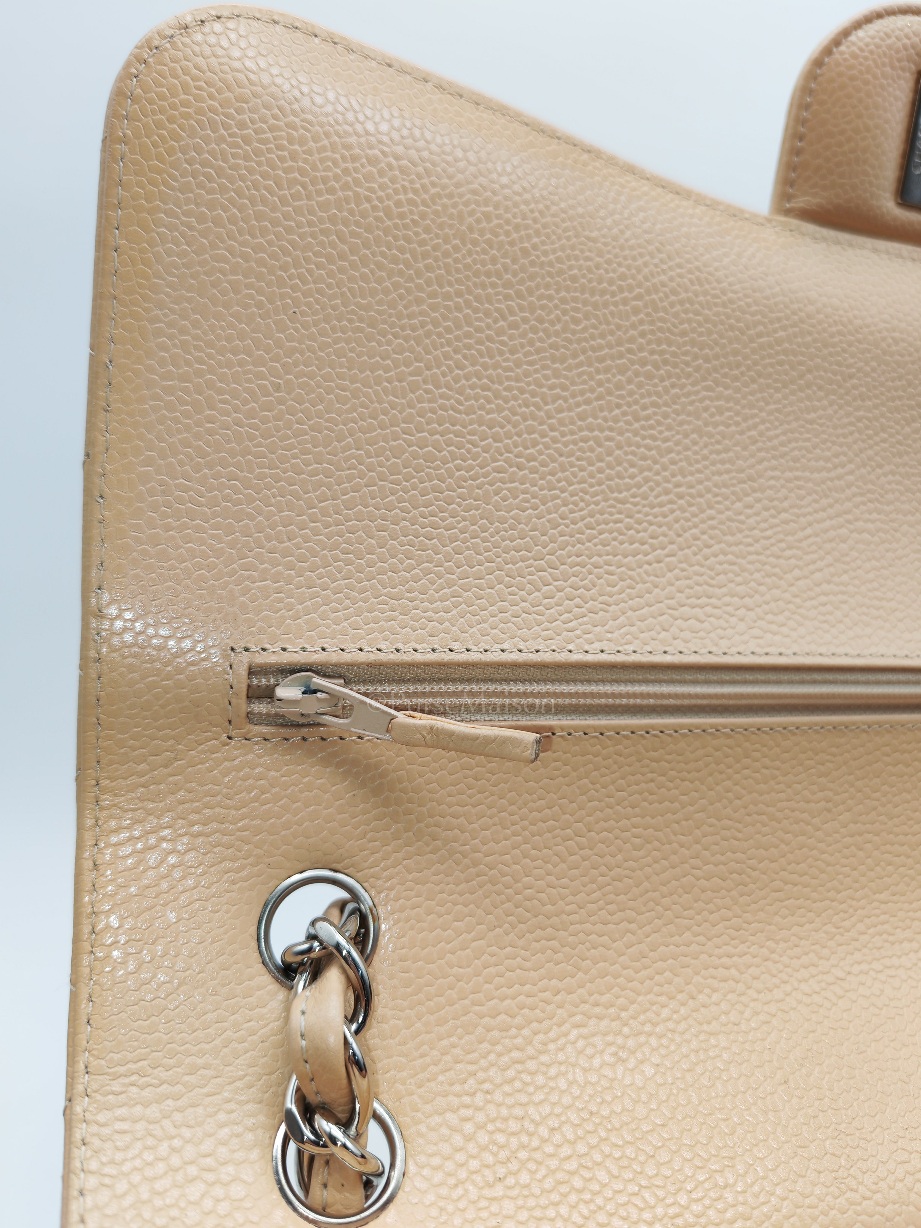 Classic Double Flap Jumbo Beige Caviar Leather in Silver Hardware (Series 30) | Purse Maison Luxury Bags Shop