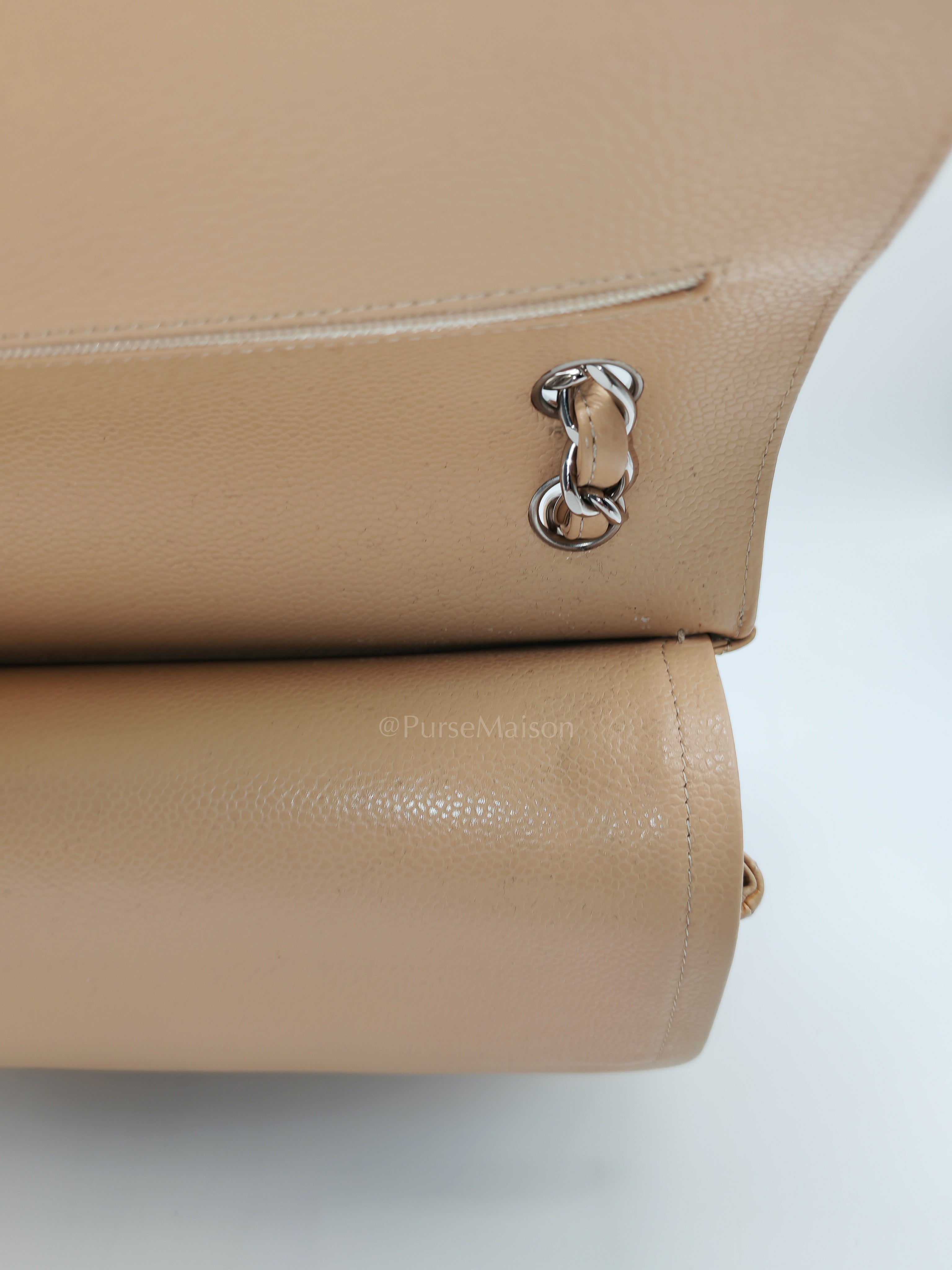 Classic Double Flap Jumbo Beige Caviar Leather in Silver Hardware (Series 30) | Purse Maison Luxury Bags Shop