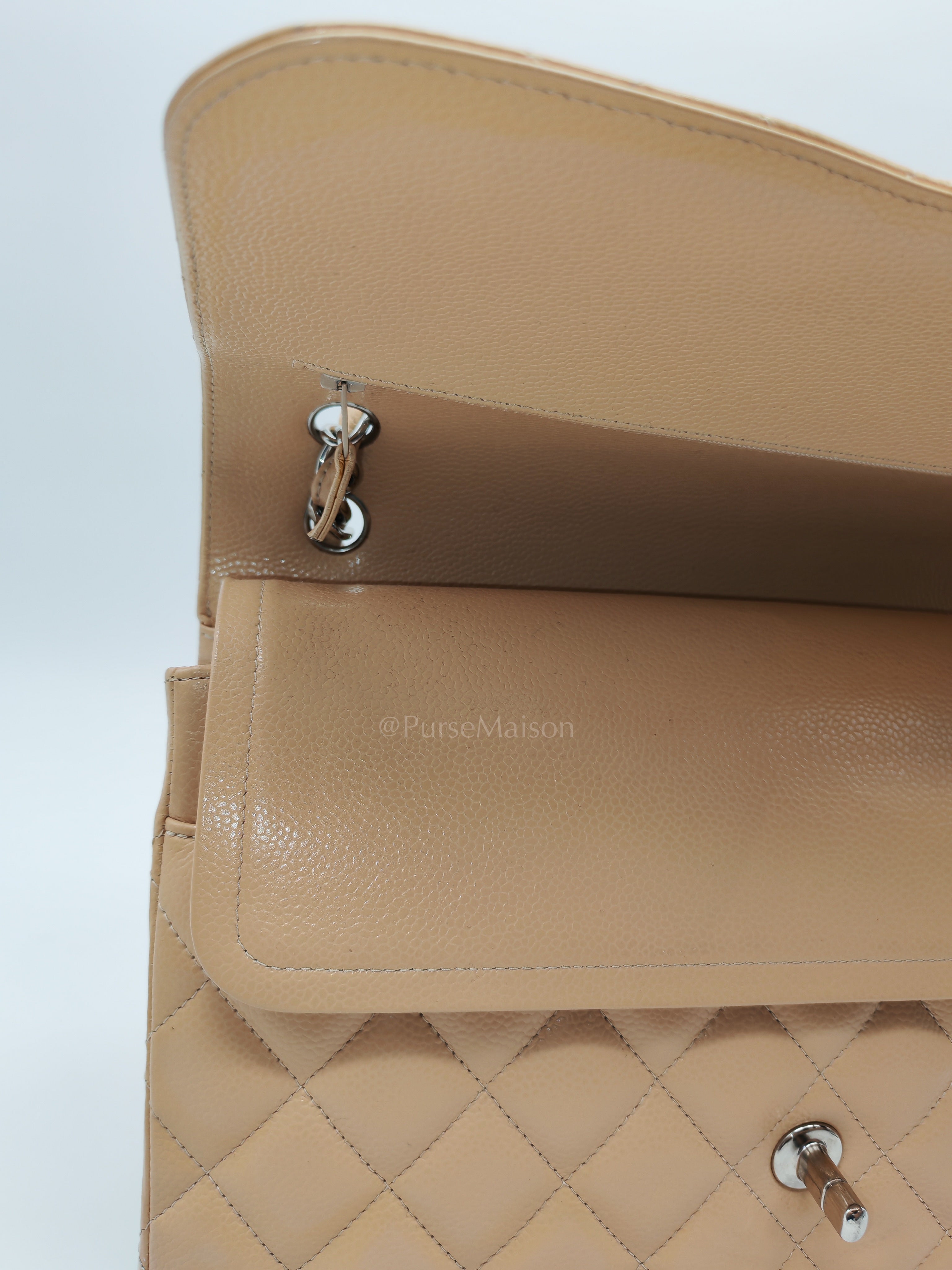 Classic Double Flap Jumbo Beige Caviar Leather in Silver Hardware (Series 30) | Purse Maison Luxury Bags Shop