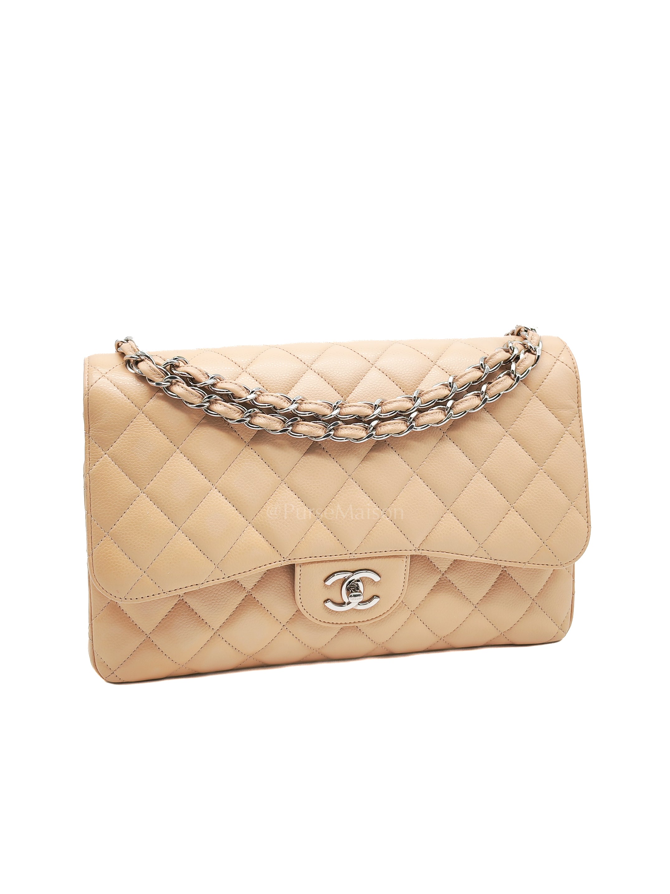 Classic Double Flap Jumbo Beige Caviar Leather in Silver Hardware (Series 30) | Purse Maison Luxury Bags Shop