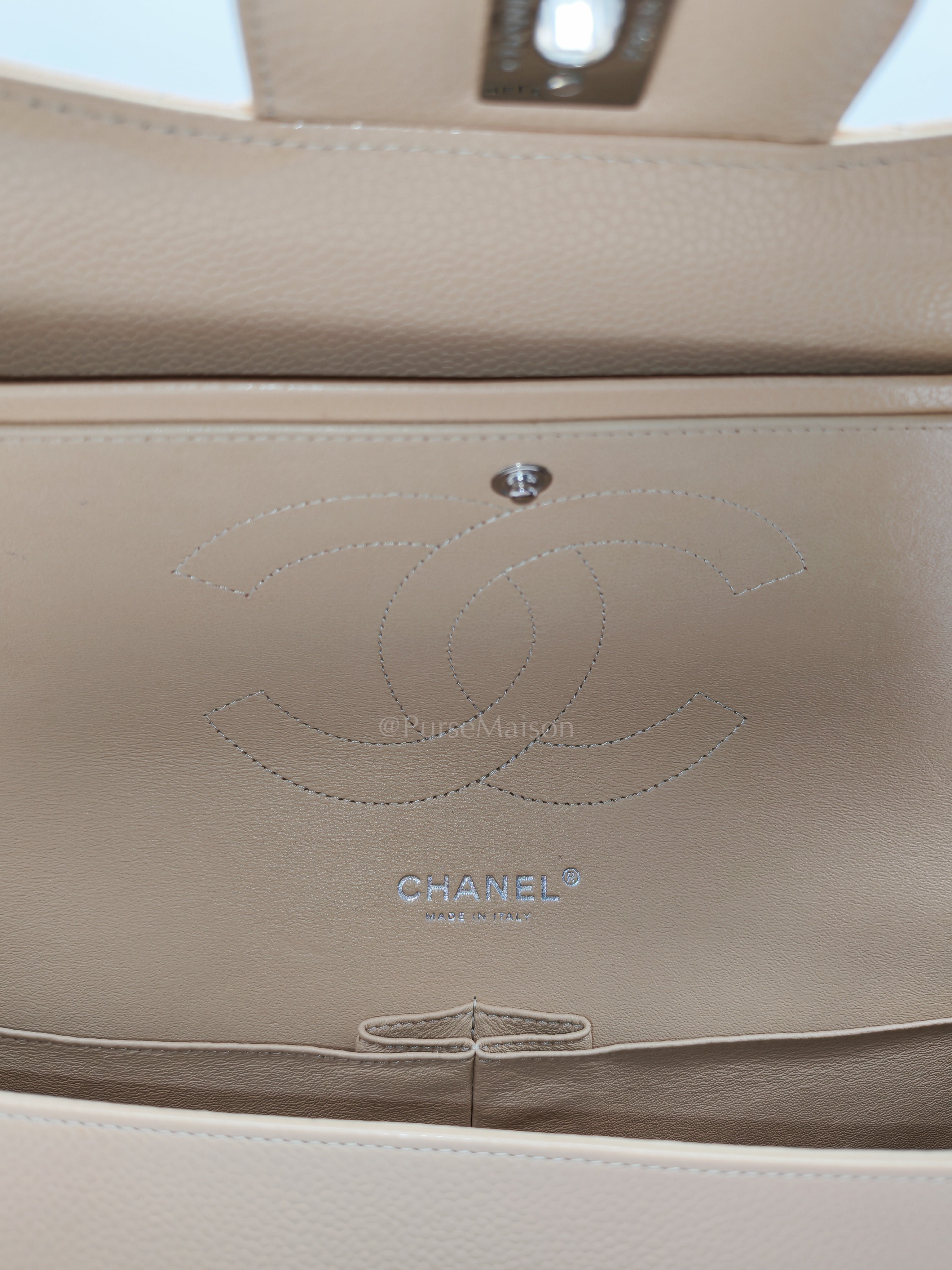 Classic Double Flap Jumbo Beige Caviar Leather in Silver Hardware (Series 30) | Purse Maison Luxury Bags Shop