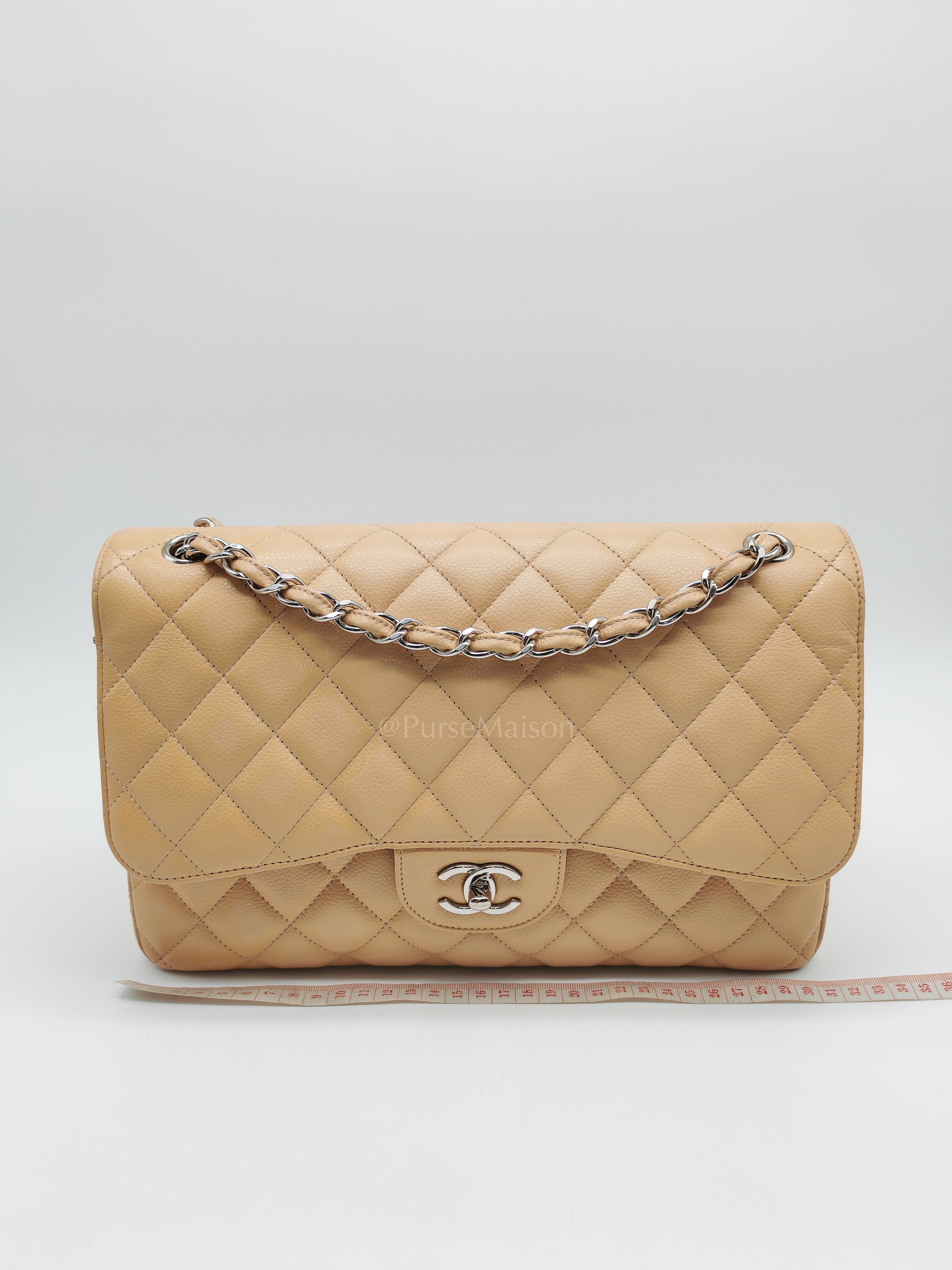 Classic Double Flap Jumbo Beige Caviar Leather in Silver Hardware (Series 30) | Purse Maison Luxury Bags Shop