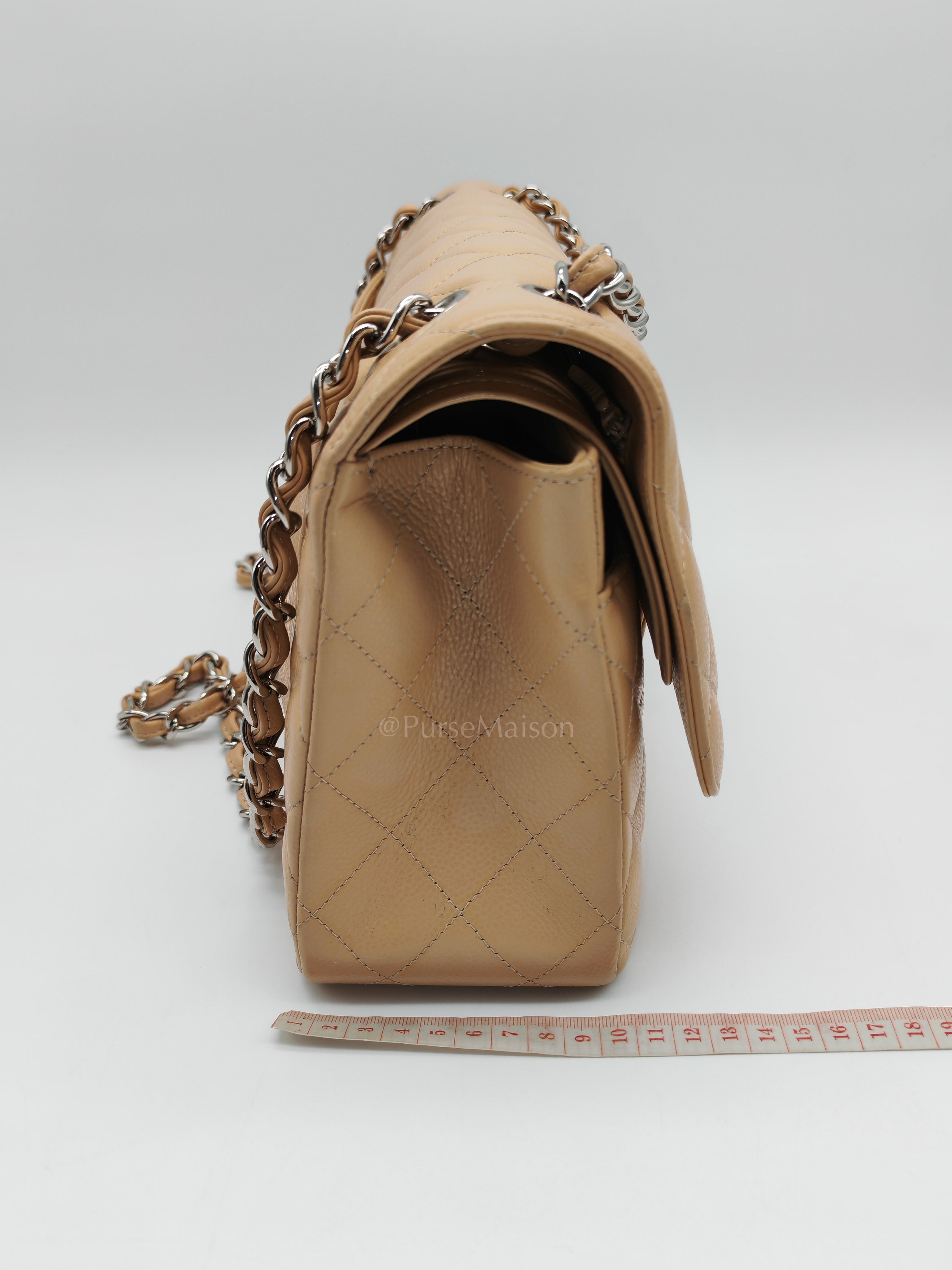 Classic Double Flap Jumbo Beige Caviar Leather in Silver Hardware (Series 30) | Purse Maison Luxury Bags Shop